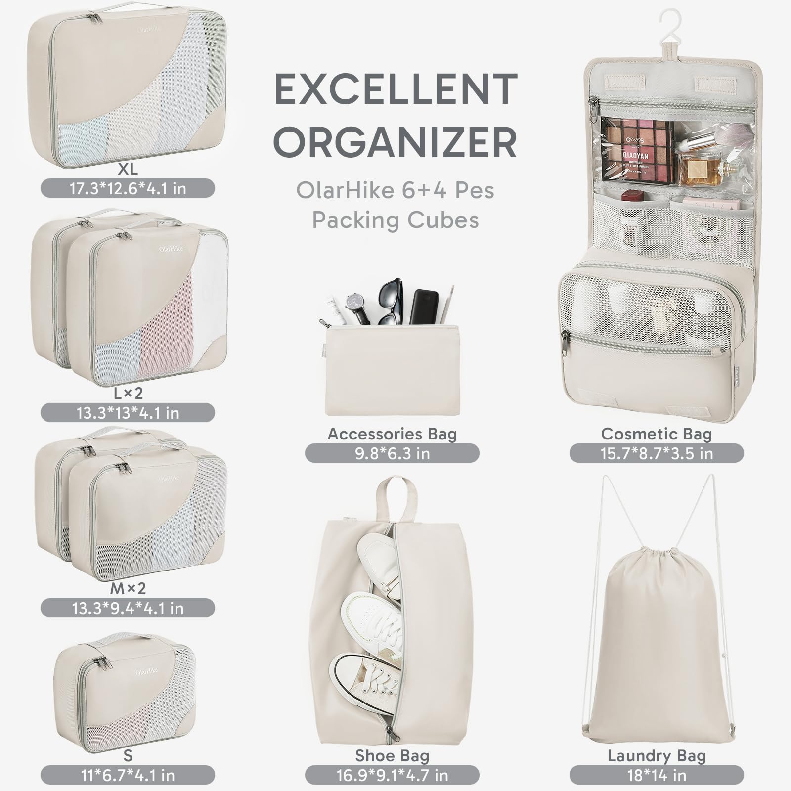 10-Piece Durable Packing Cubes Set for Suitcases - OlarHike Travel Essentials with Upgraded Anti-Tear Stitching - Beige Luggage Organizers for Clothes & Accessories | Perfect for Business Trips, Vacations & Weekend Getaways