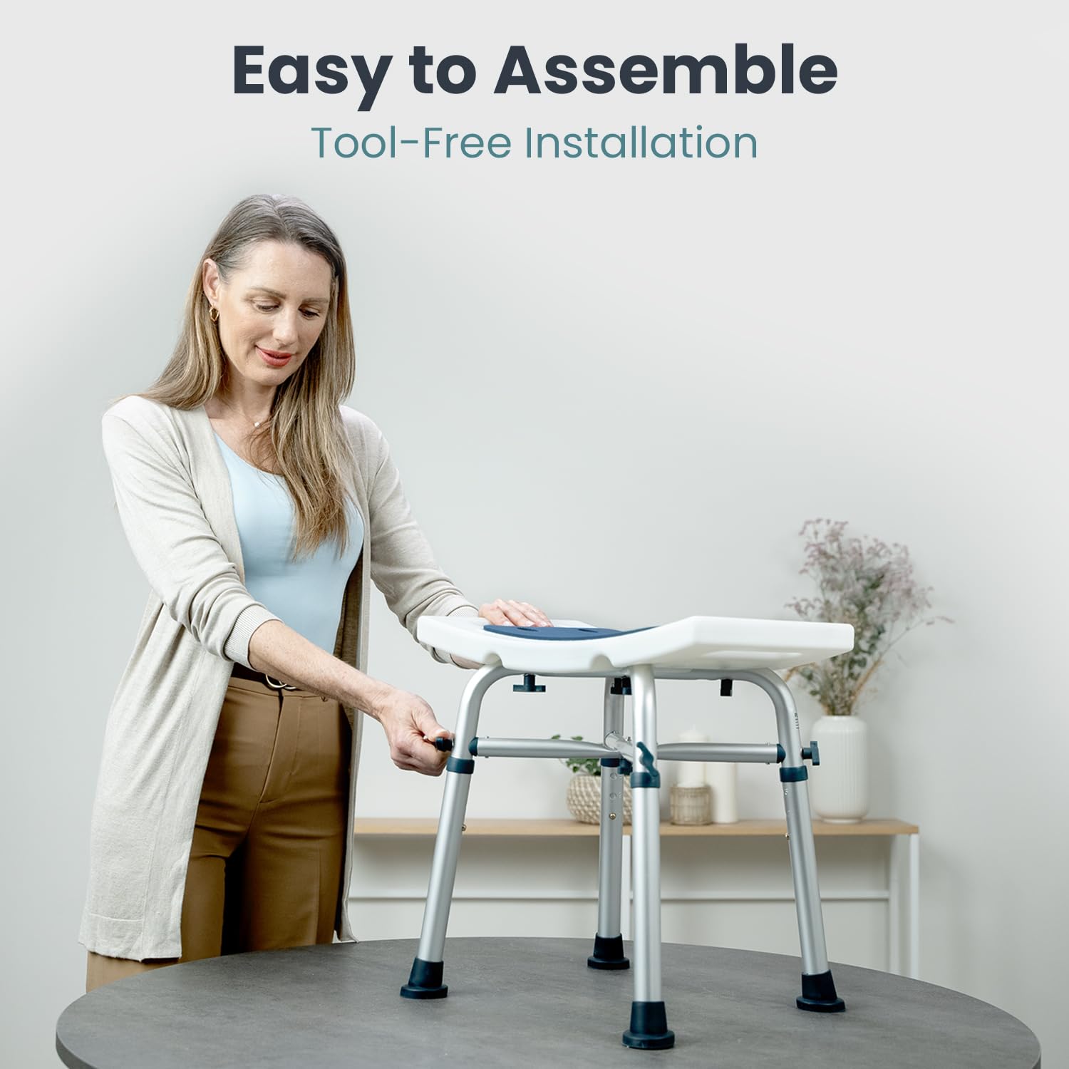 **Adjustable Height Shower Stool for Adults - 350 lb Weight Capacity - Non-Slip Bath Chair for Elderly & Disabled - Dark Blue - Perfect for Safe Showering, Spa Relaxation & Bathroom Comfort**