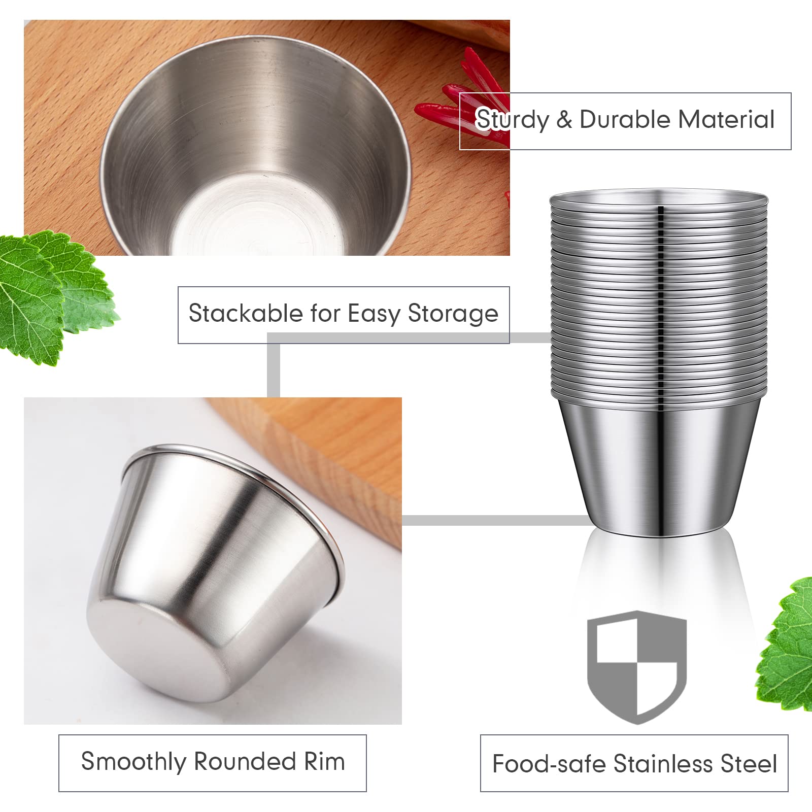 100 Pack 2.5 oz Stainless Steel Condiment Cups - Reusable Dipping Sauce Dishes for Vinegar, Butter, Ketchup, Honey | Perfect for Parties, BBQs, Picnics & Restaurants