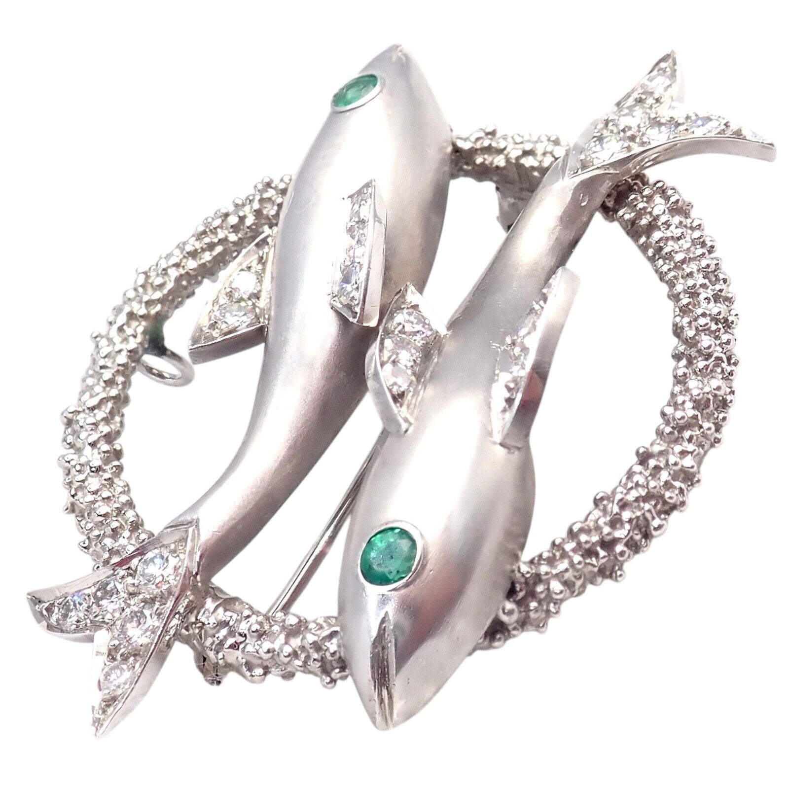 Cartier 18k White Gold & Platinum Diamond Emerald Zodiac Pisces Fish Brooch Pin - Luxury Jewelry Gift for Women, Perfect for Special Occasions & Collectors