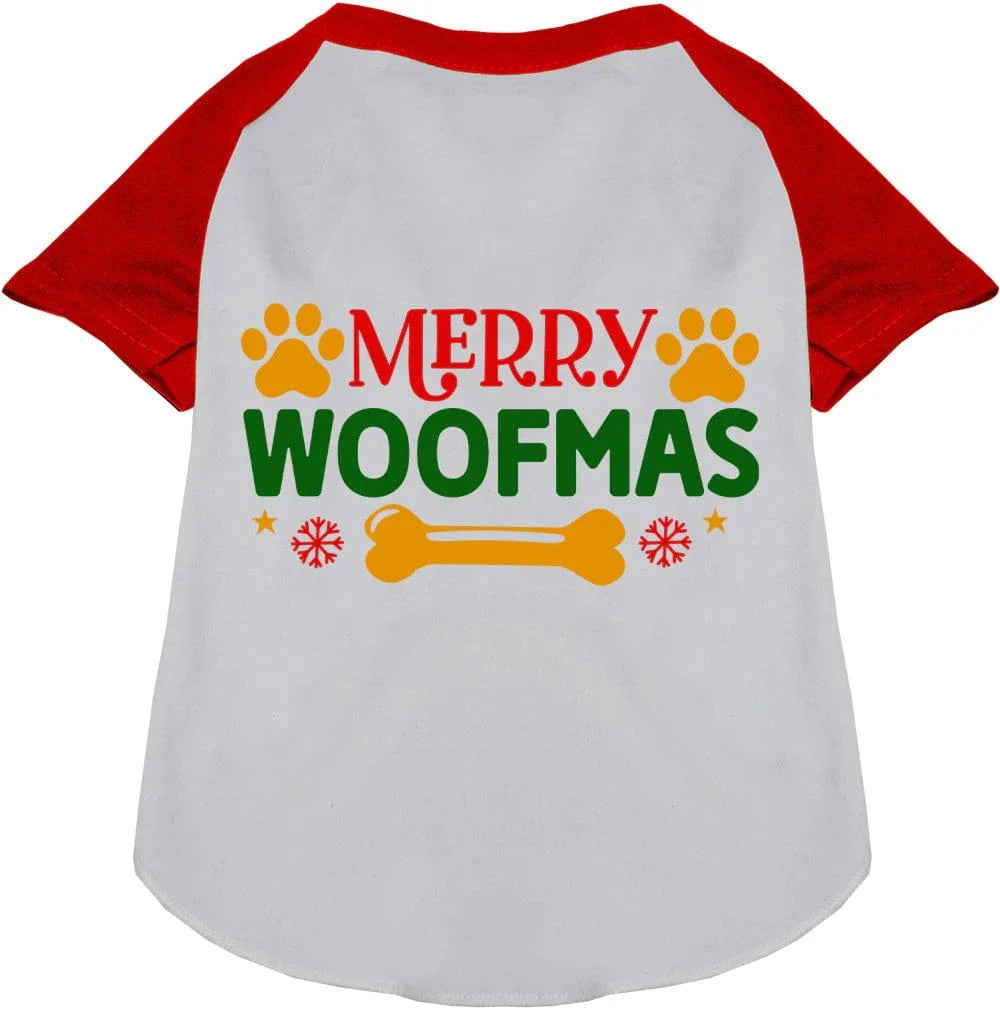 Merry Woof Pet Shirt - Cute Raglan Sleeve Dog & Cat Apparel for Christmas - Perfect for Holiday Photos & Family Gatherings