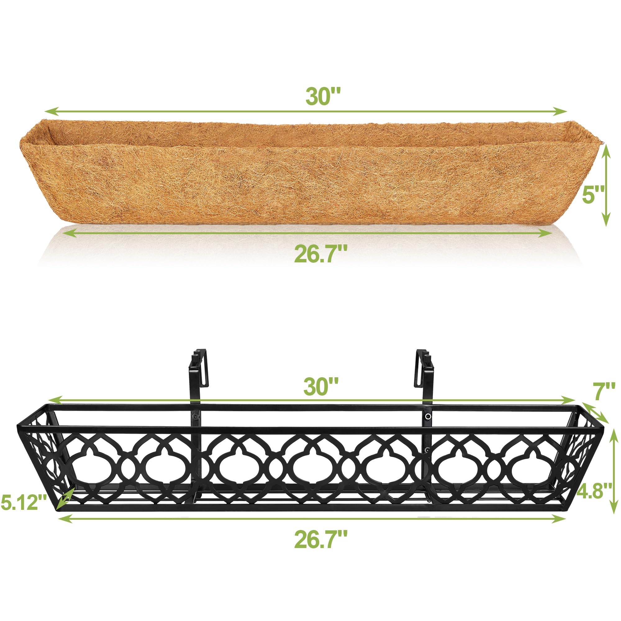 4 Pack 30 Inch Window Box Planter with Coconut Coir Liner - Metal Hanging Flower Basket for Deck, Railing, Indoor & Outdoor Use - Perfect for Flowers, Herbs, and Decorative Plants