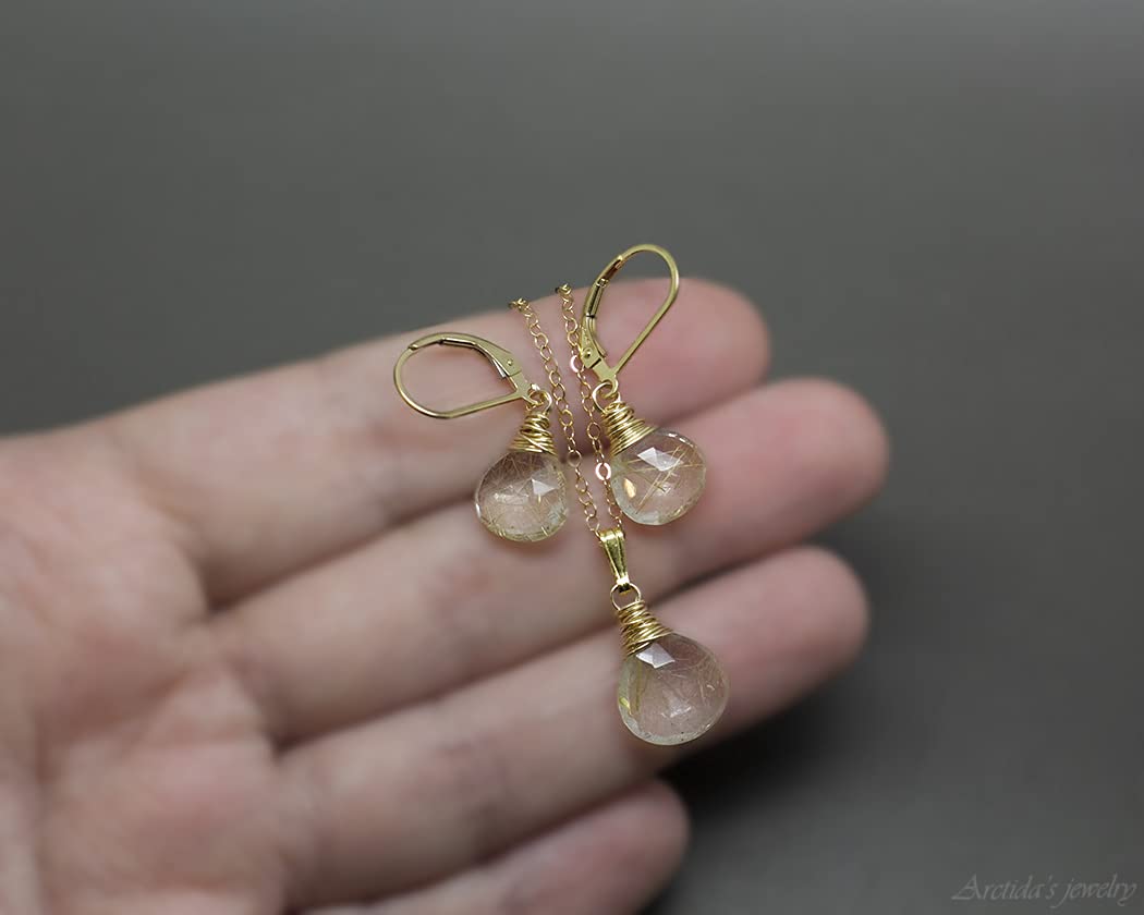 Golden Rutilated Quartz Earrings and Necklace Set - Natural Gemstone Jewelry with Gold Pendant - Elegant Rutile Quartz Gold Jewelry for Women - Perfect for Weddings, Parties & Special Occasions