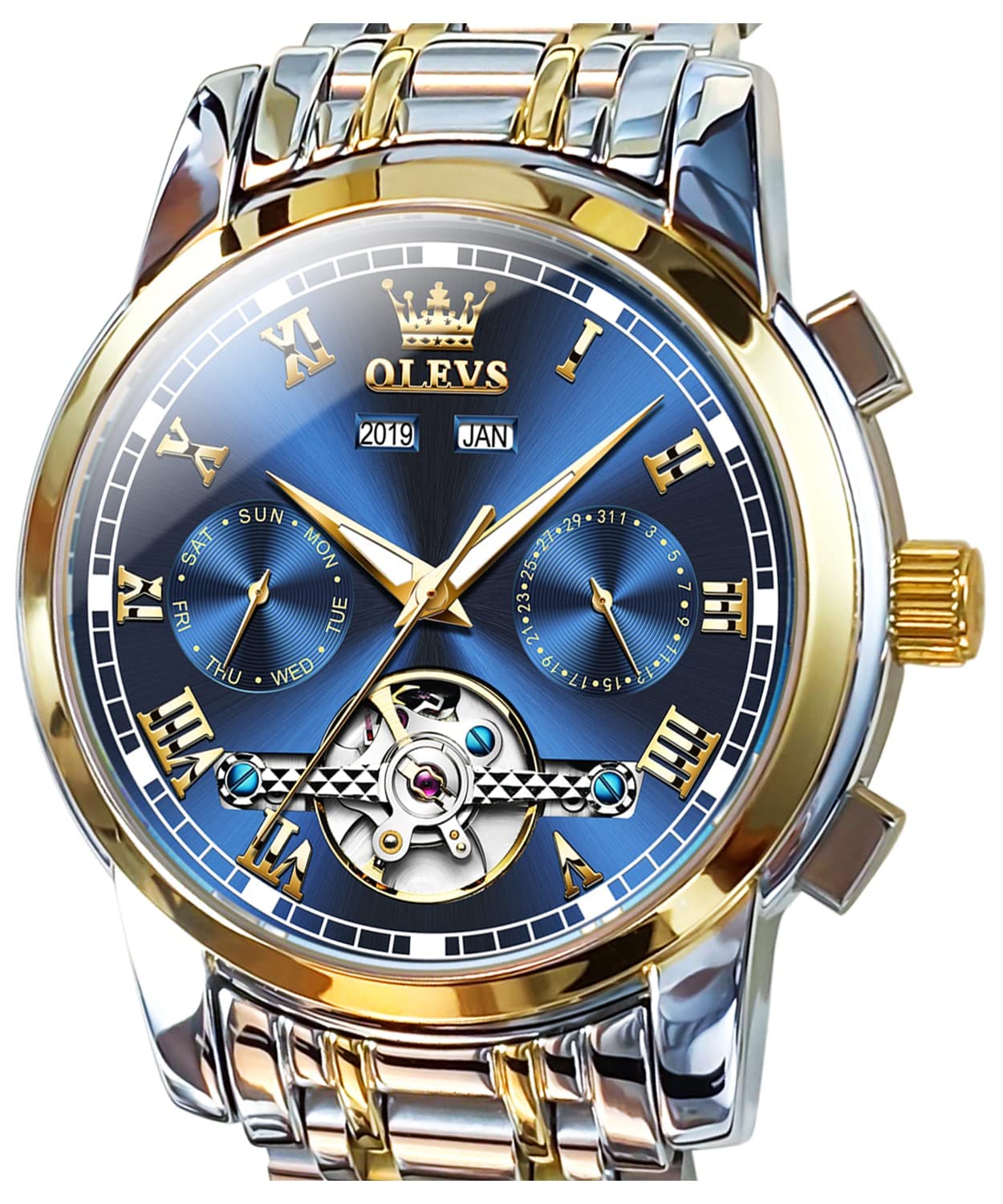 OLEVS Automatic Self-Winding Men's Watch - Stainless Steel Tourbillon Mechanical Watch with Luminous Hands, Waterproof Luxury Dress Watch for Business & Formal Occasions
