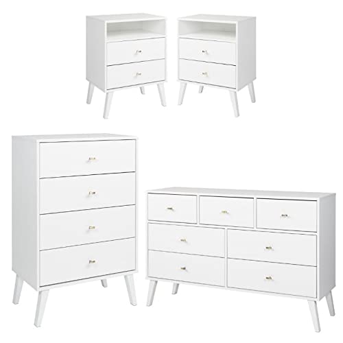 Home Square 4-Piece White Bedroom Set with 2 Tall Nightstands & 4-Drawer Dresser - Perfect for Master Bedroom, Guest Room, and Apartment Decor