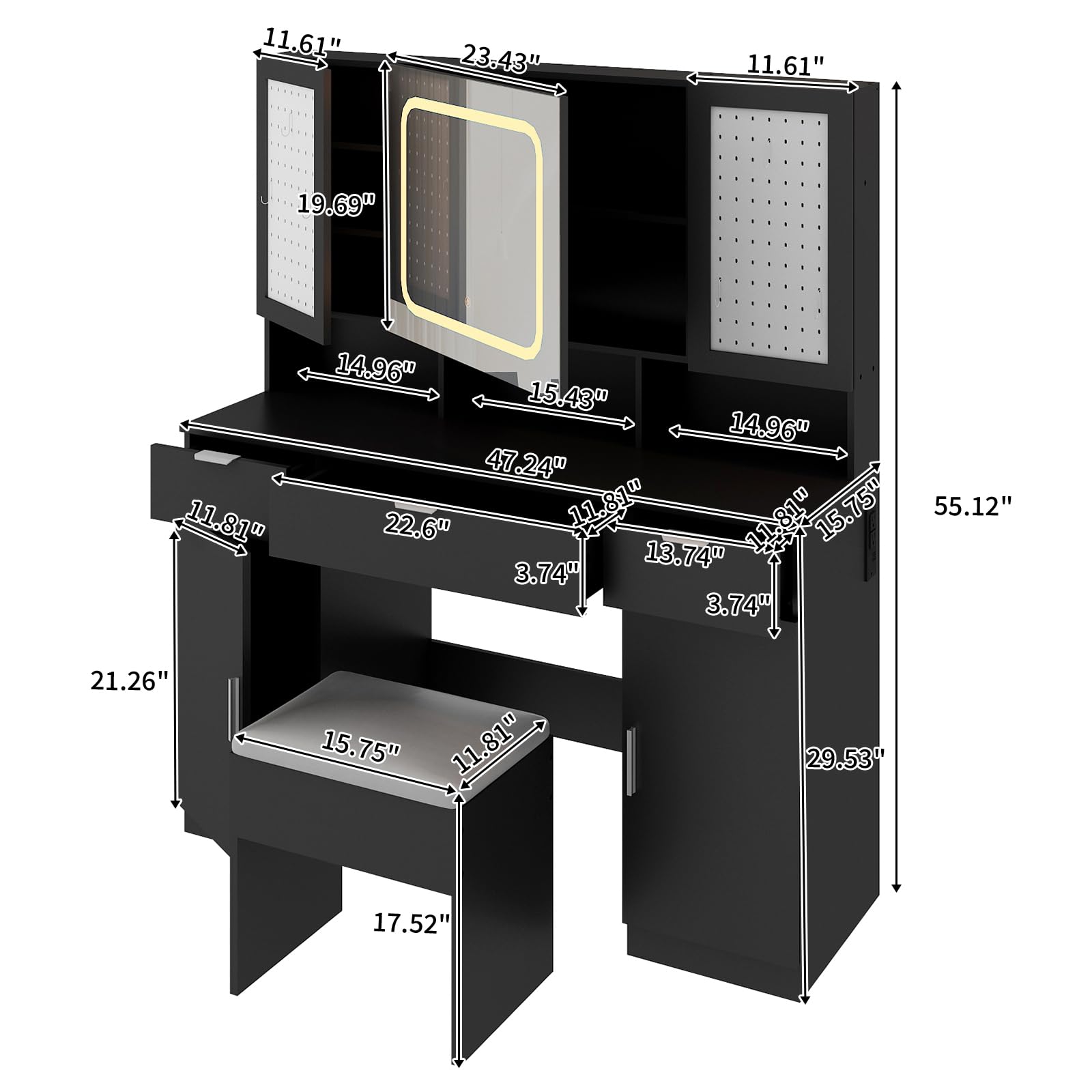 Karl Home Large Vanity Table Set with LED Lighted Mirror - Makeup Vanity Desk with Charging Station, Storage Cabinets & Drawers, Cushioned Stool - Perfect for Bedroom Makeup & Dressing Area - Black
