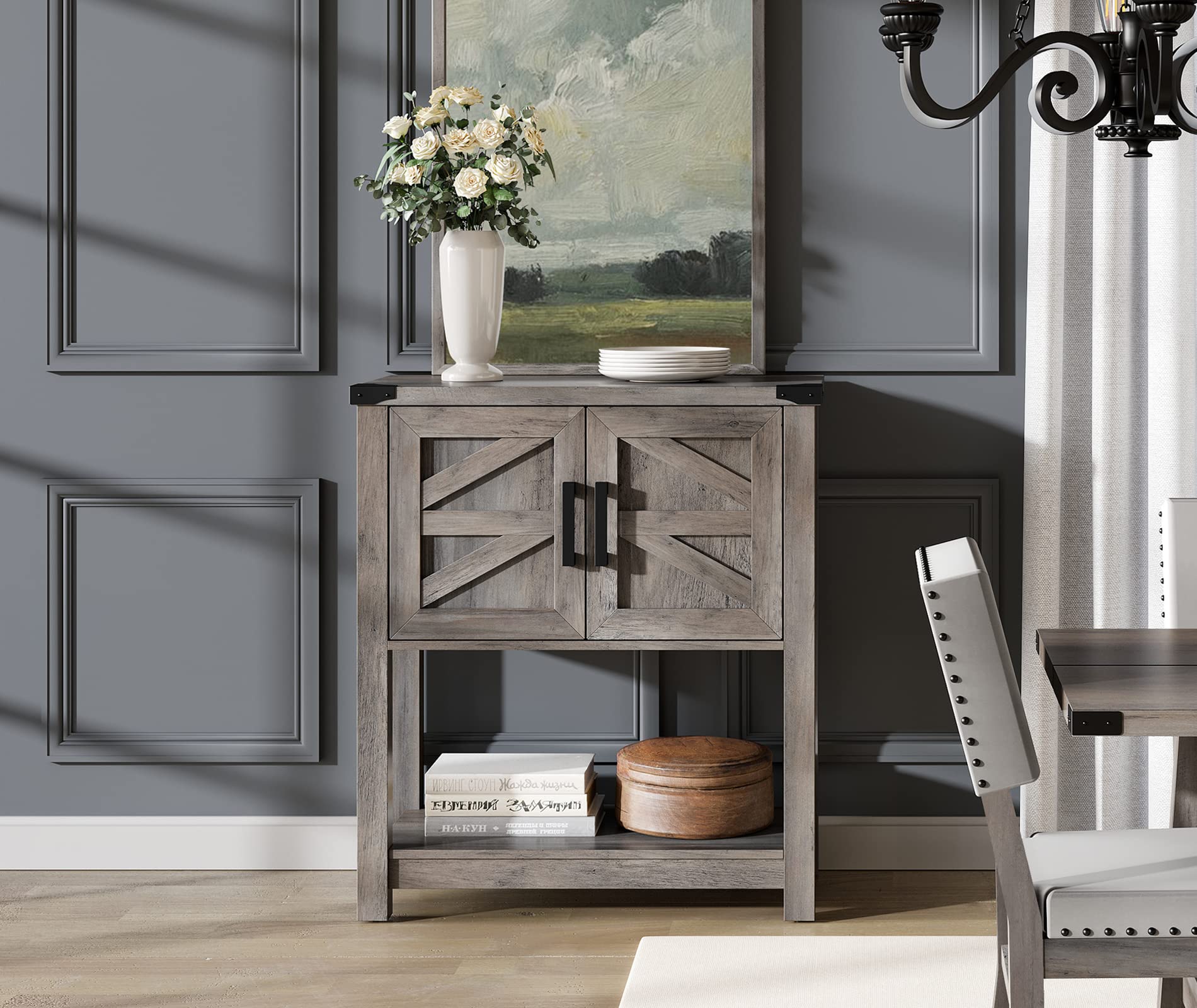 WAMPAT Farmhouse Wood Sideboard Cabinet with Open Storage - Adjustable Shelves & Magnetic Door Catch for Kitchen, Living Room - Rustic Grey Wash Finish | Perfect for Dining Room Storage & Home Decor