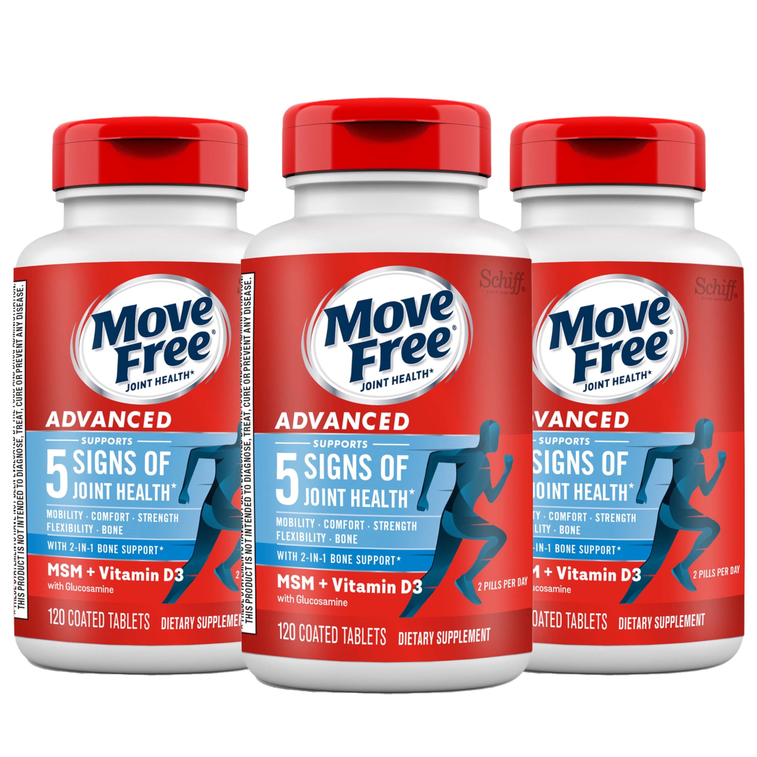 Move Free Advanced Glucosamine Chondroitin MSM + Vitamin D3 Joint Support Supplement - Supports Mobility, Comfort, Strength & Flexibility - Promotes Bone & Immune Health - 360 Tablets (3x120ct) - Ideal for Active Adults, Athletes & Seniors for Joint Care & Daily Wellness