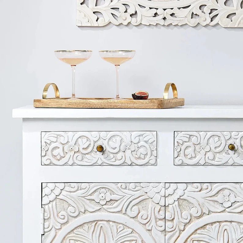 Hand Carved Wooden Storage Cabinet - Small Sideboard with Intricate Designs | Perfect for Living Room, Bedroom, or Entryway Organization