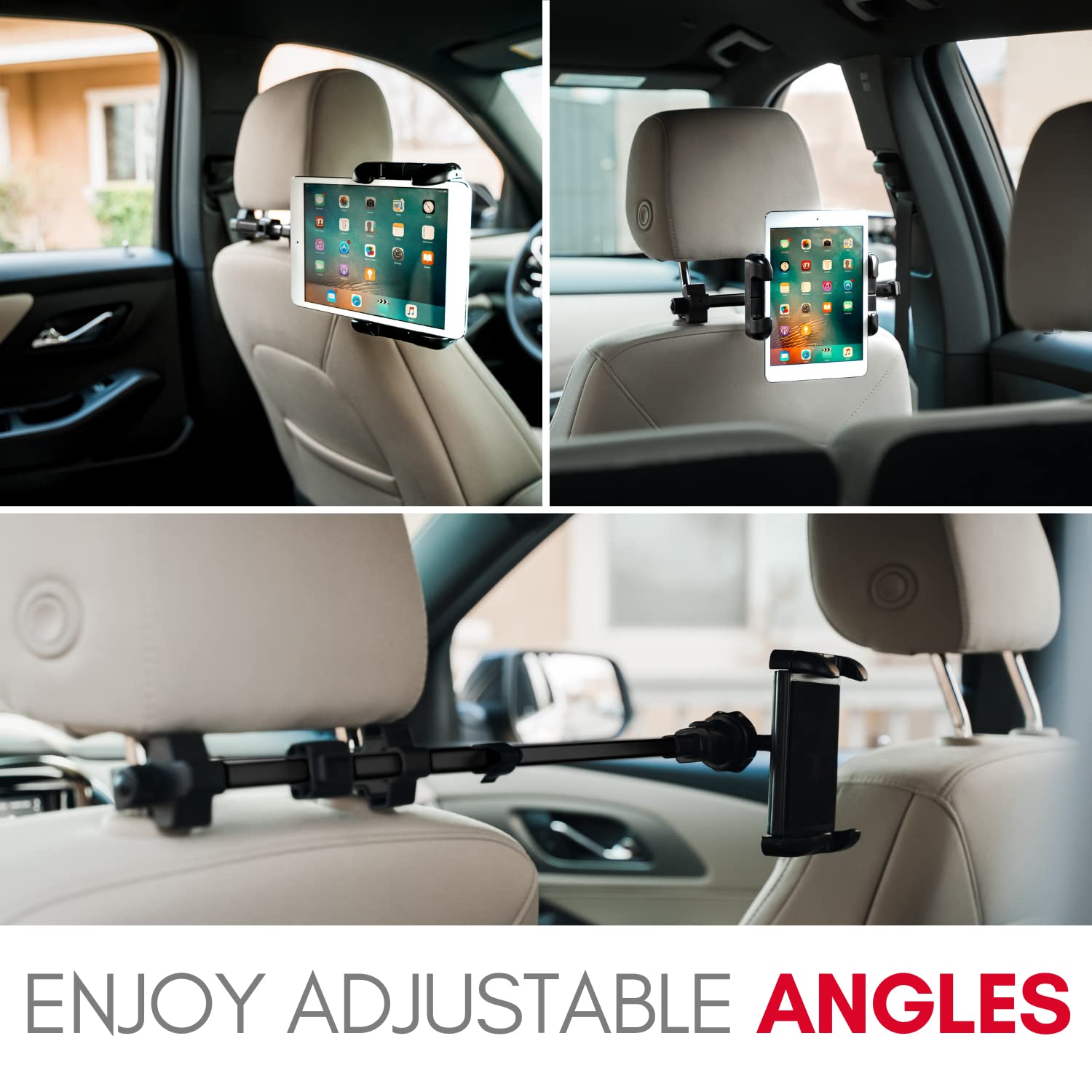 Macally Adjustable Car Headrest Tablet Holder - Universal iPad Mount for Backseat (4.7-12.9 inch) - Secure iPad Pro/Air/Mini & Nintendo Switch Stand - Perfect for Road Trips, Kids Entertainment & Long Car Rides
