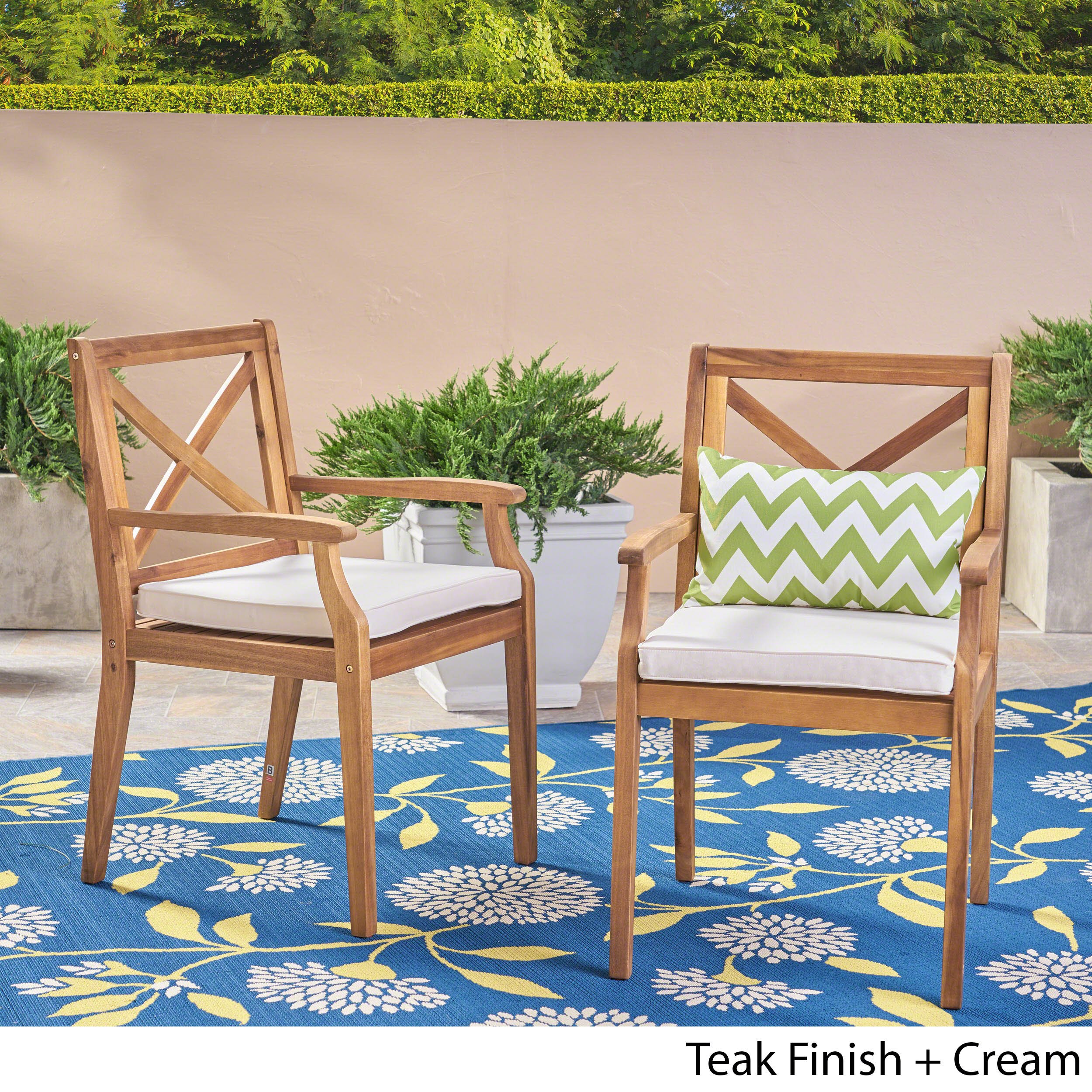 Christopher Knight Home Peter Outdoor Acacia Wood Dining Chairs - Set of 2 with Teak/Cream Cushions | Patio, Garden, Poolside & Restaurant Seating Furniture