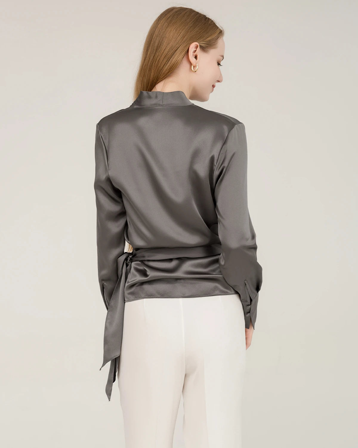 Elegant Fitted Silk Wrap Blouse for Women - Soft & Luxurious Long Sleeve Shirt - Perfect for Office, Date Night & Special Occasions