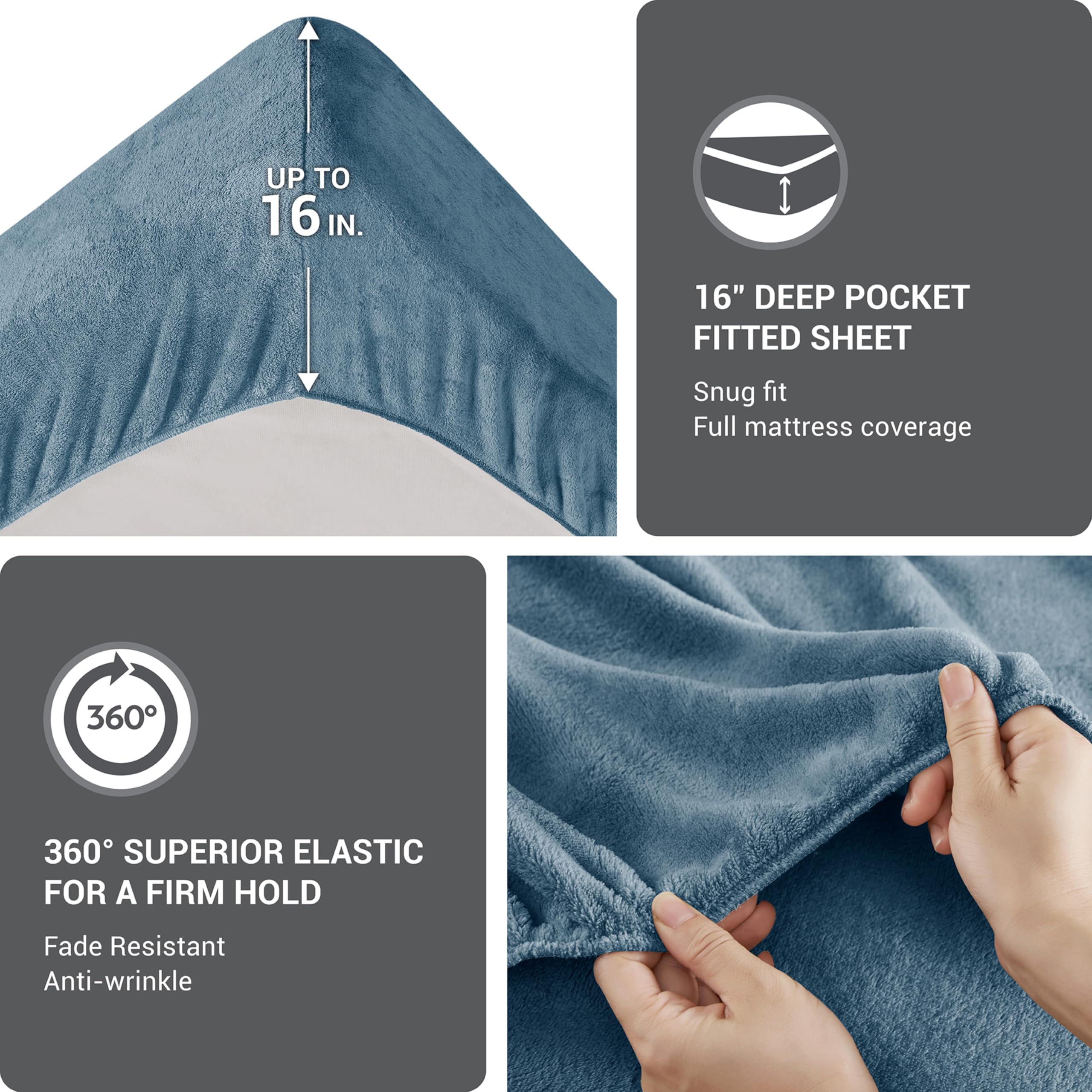 True North by Sleep Philosophy 4-Piece Plush Sheet Set - Queen Size, Solid Blue, Ultra Soft & Warm Bedding, Fitted Pocket Fits 16
