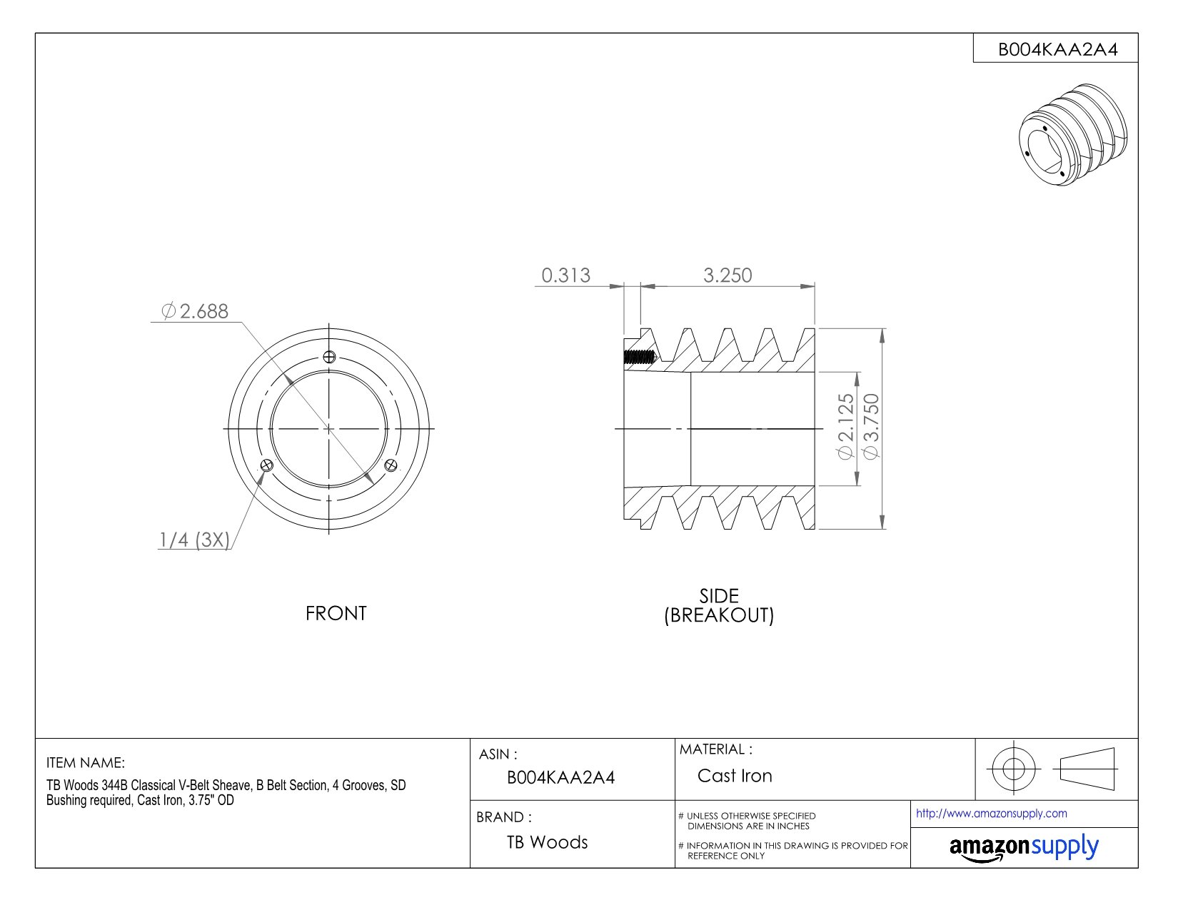 664B Classical V-Belt Sheave for B Section Belts - 4 Grooves, Cast Iron Construction, 6.95