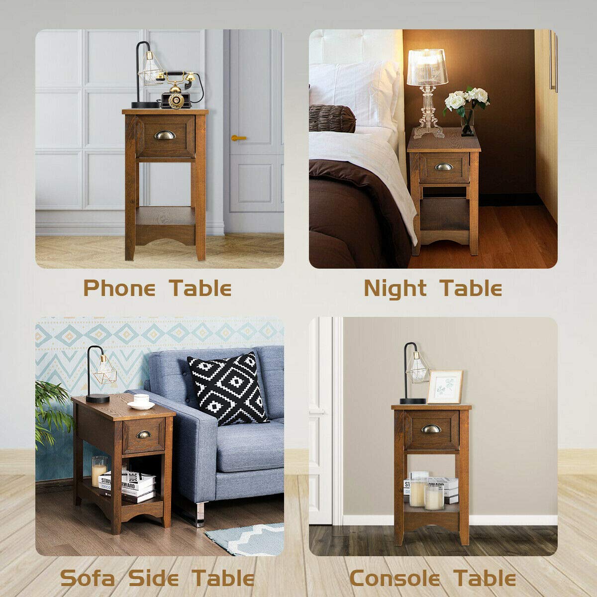 Giantex Retro Narrow End Table with Drawer & Storage Shelf - Solid Wood Nightstand for Bedroom, Living Room, Home Office - Small Space Furniture for Apartment, Dorm, Studio (2-Pack, Tawny)
