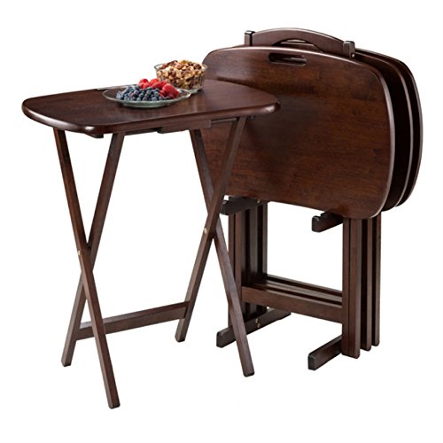 Ergode Wood 5-Piece Folding Snack Table Set with X-Frame Base & Upright Stand - Easy Assembly, Durable & Stylish Brown Side Tables for Living Room, Patio, or Outdoor Entertaining