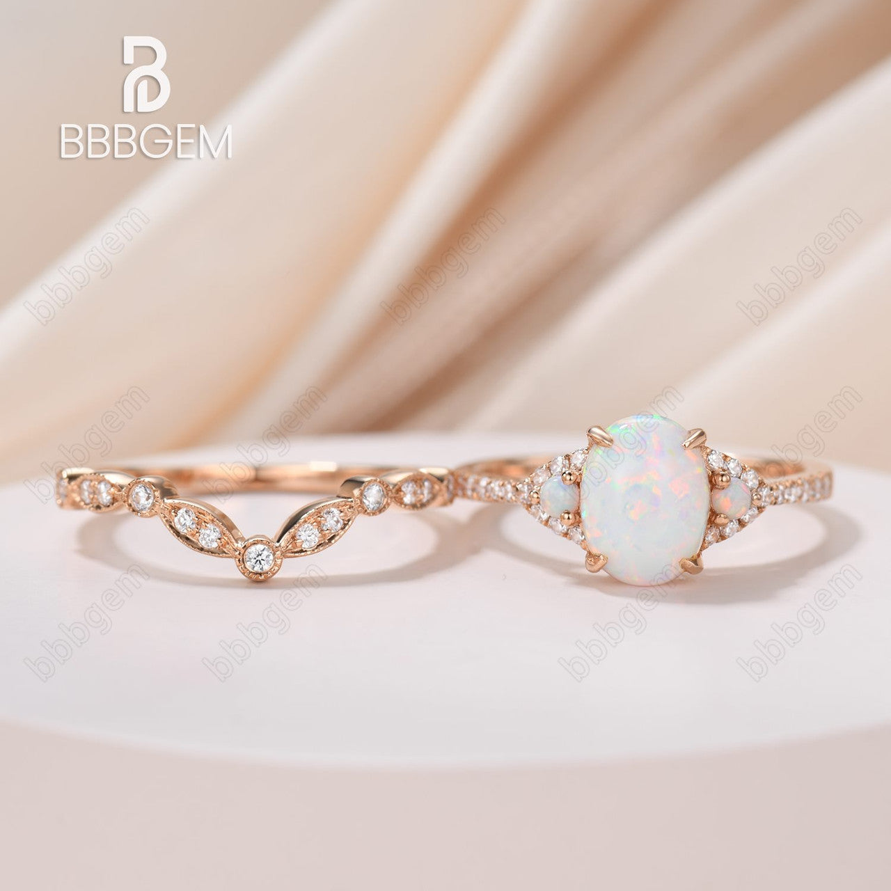 Three Stone Oval Opal Wedding Engagement Ring Set in Rose Gold with Diamond Matching Band - Perfect for Proposals, Anniversaries & Bridal Jewelry