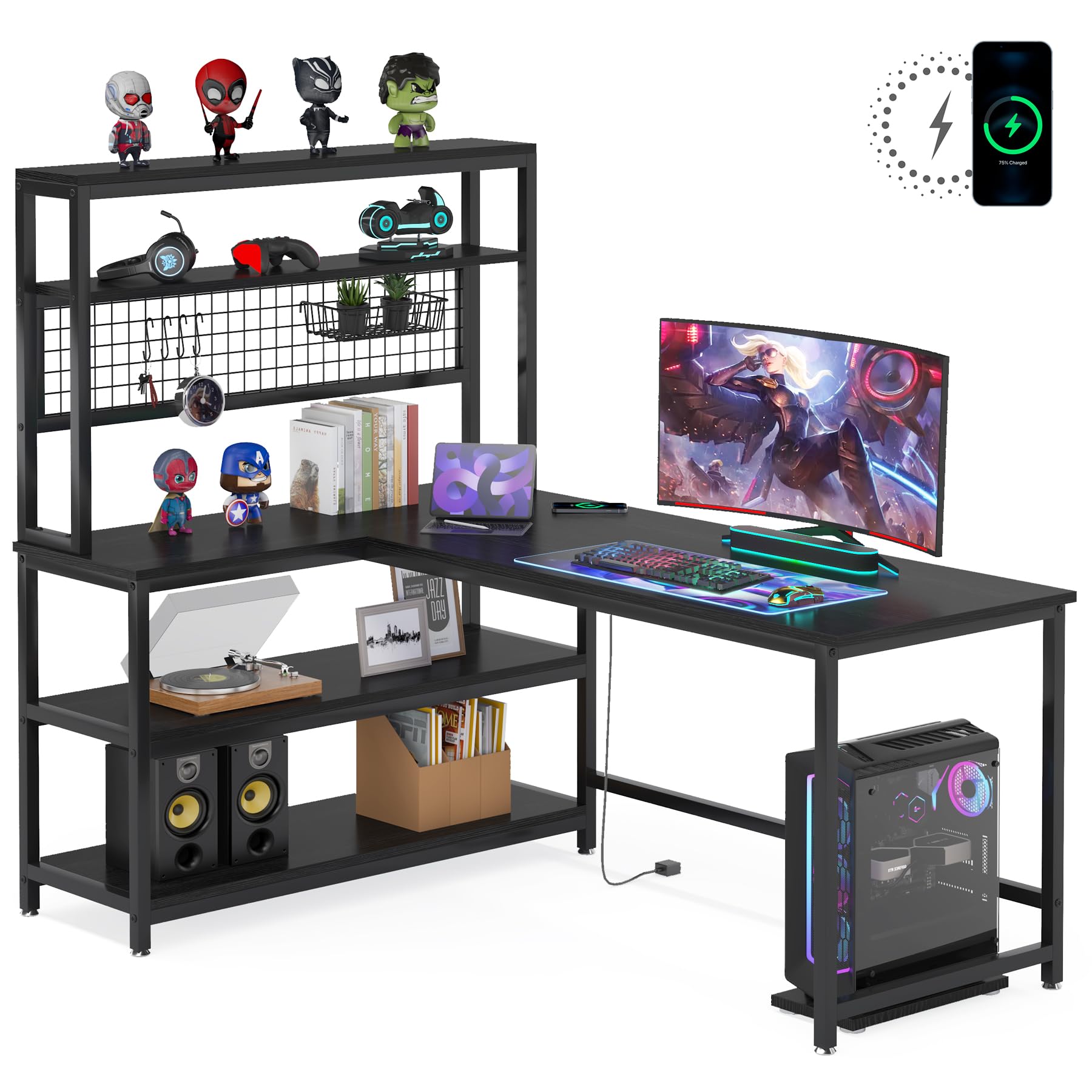Tribesigns 55 Inch Large Computer Desk with Wireless Charging & 5 Storage Shelves - Home Office Desk, Study Table, Writing Desk Workstation with Hutch Bookshelf (All Black) - Perfect for Remote Work, Gaming & Small Space Home Offices