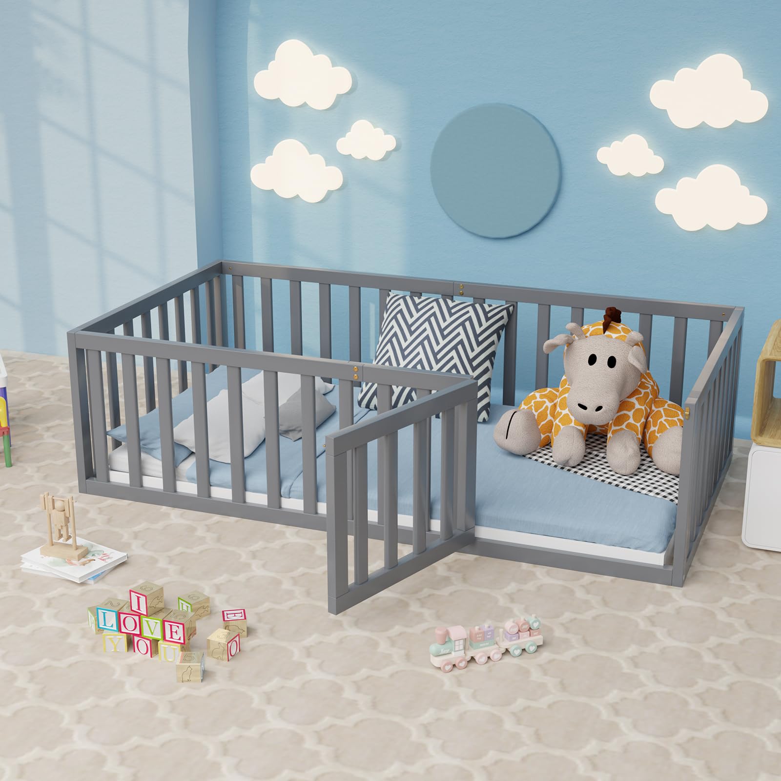 Montessori Twin Size Floor Bed for Kids with Safety Guardrails & Door - Easy Assembly Wooden Bed for Boys & Girls (Grey) - Perfect for Montessori Rooms, Toddler Bedrooms & Small Spaces
