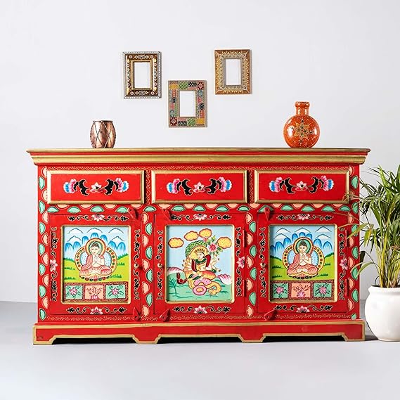Hand Painted Mango Wood Sideboard - Multi Color Vintage Buffet Cabinet for Dining Room, Living Room & Entryway Storage