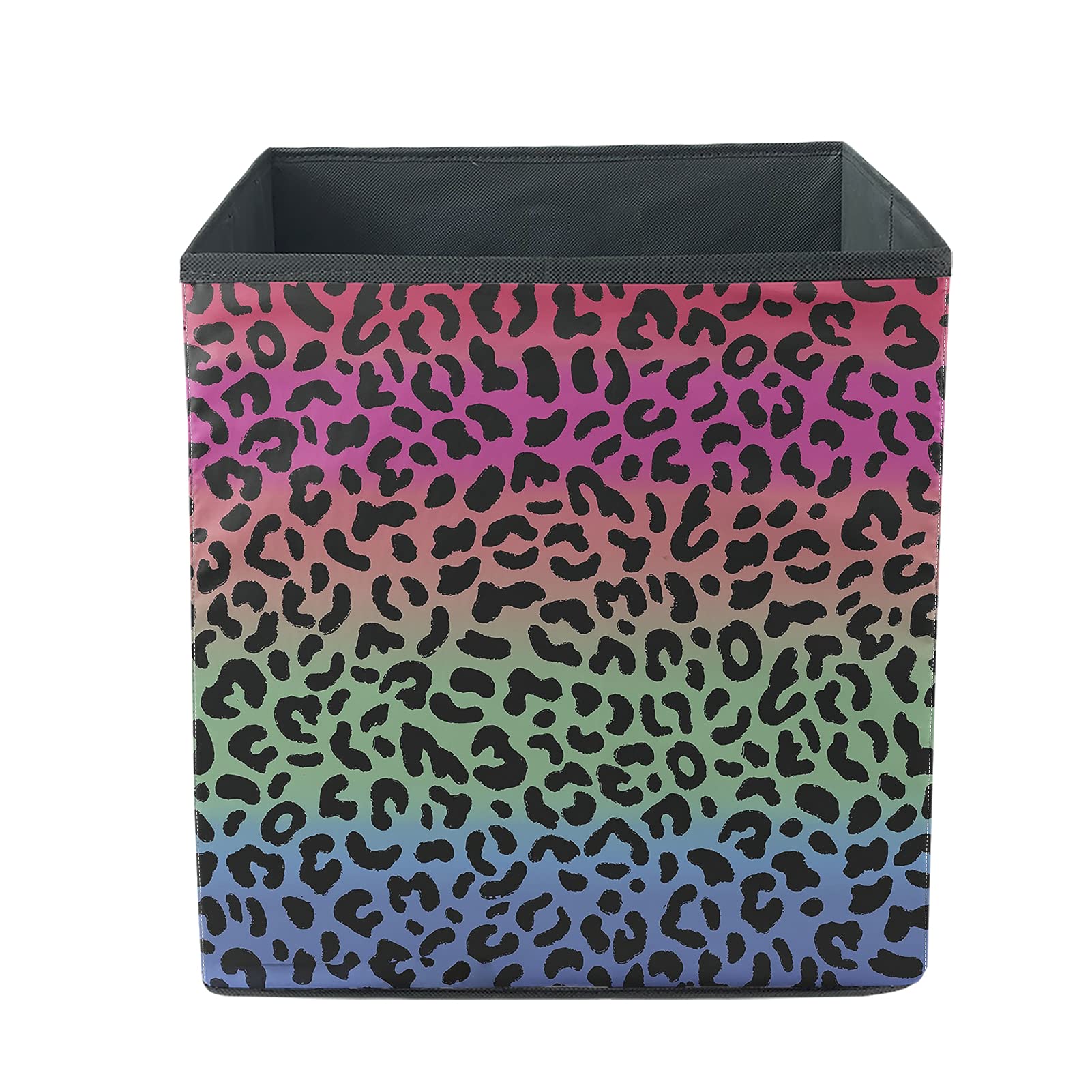 Rainbow Leopard Print Storage Bins - Foldable Fabric Cube Organizer 13x13x13 Inches for Closet, Bedroom, Nursery & Home Organization | Animal Print Home Decor | Space Saving Storage Solution