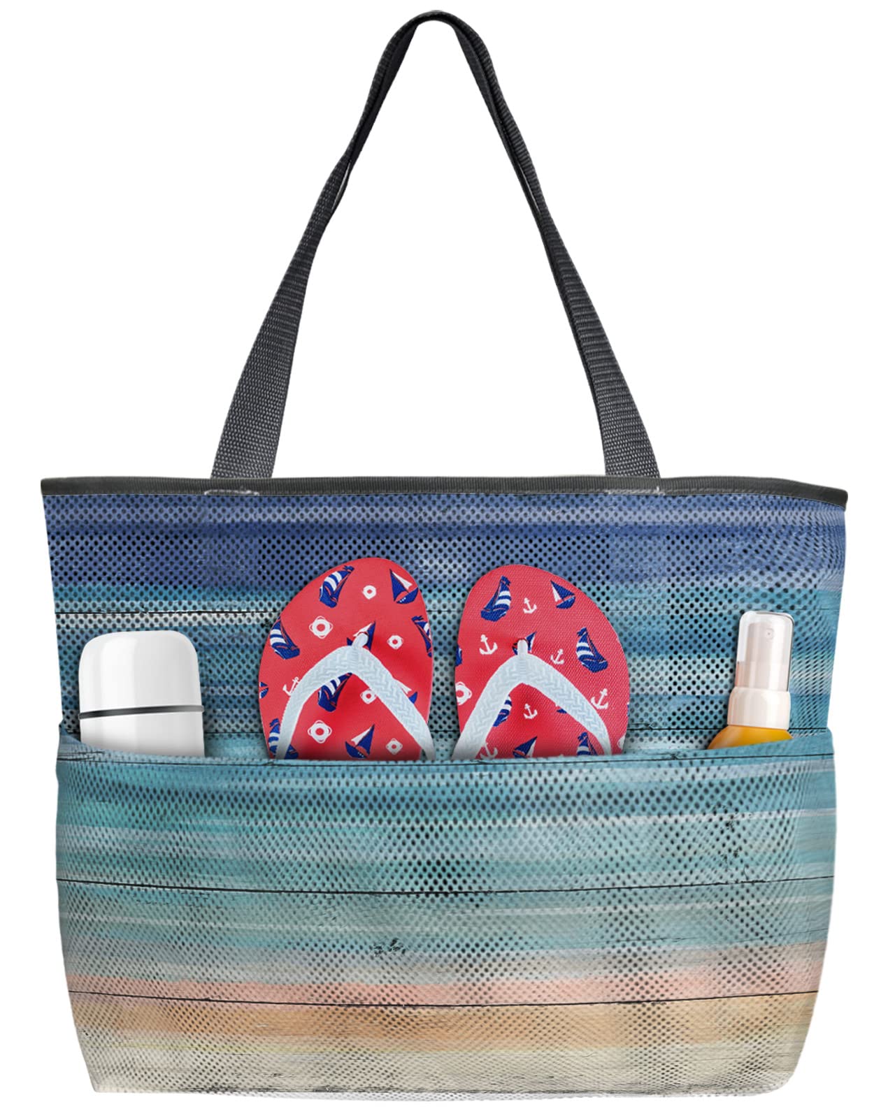 Blue Ombre Watercolor Sky Beach Tote Bag for Women - Large Waterproof Sandproof Mesh Beach Bag with Zipper & Pockets - Perfect for Summer Beach Trips, Pool Parties & Outdoor Picnics