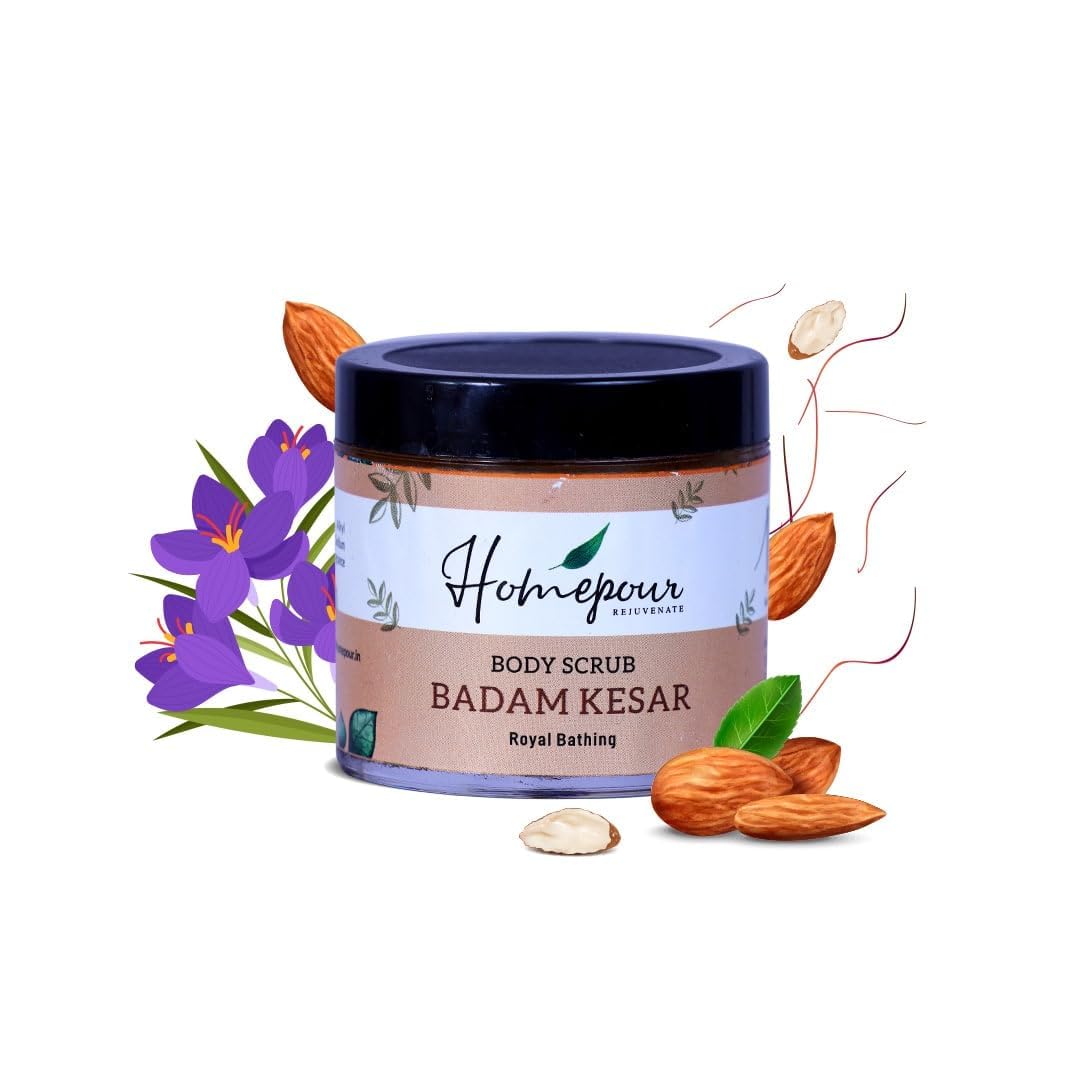 Badam Kesar Body Scrub - 100g Handmade Exfoliator with Almond & Saffron for Glowing Skin | Royal Bathing Experience | Perfect for Spa Day, Self-Care Routine & Gift Giving