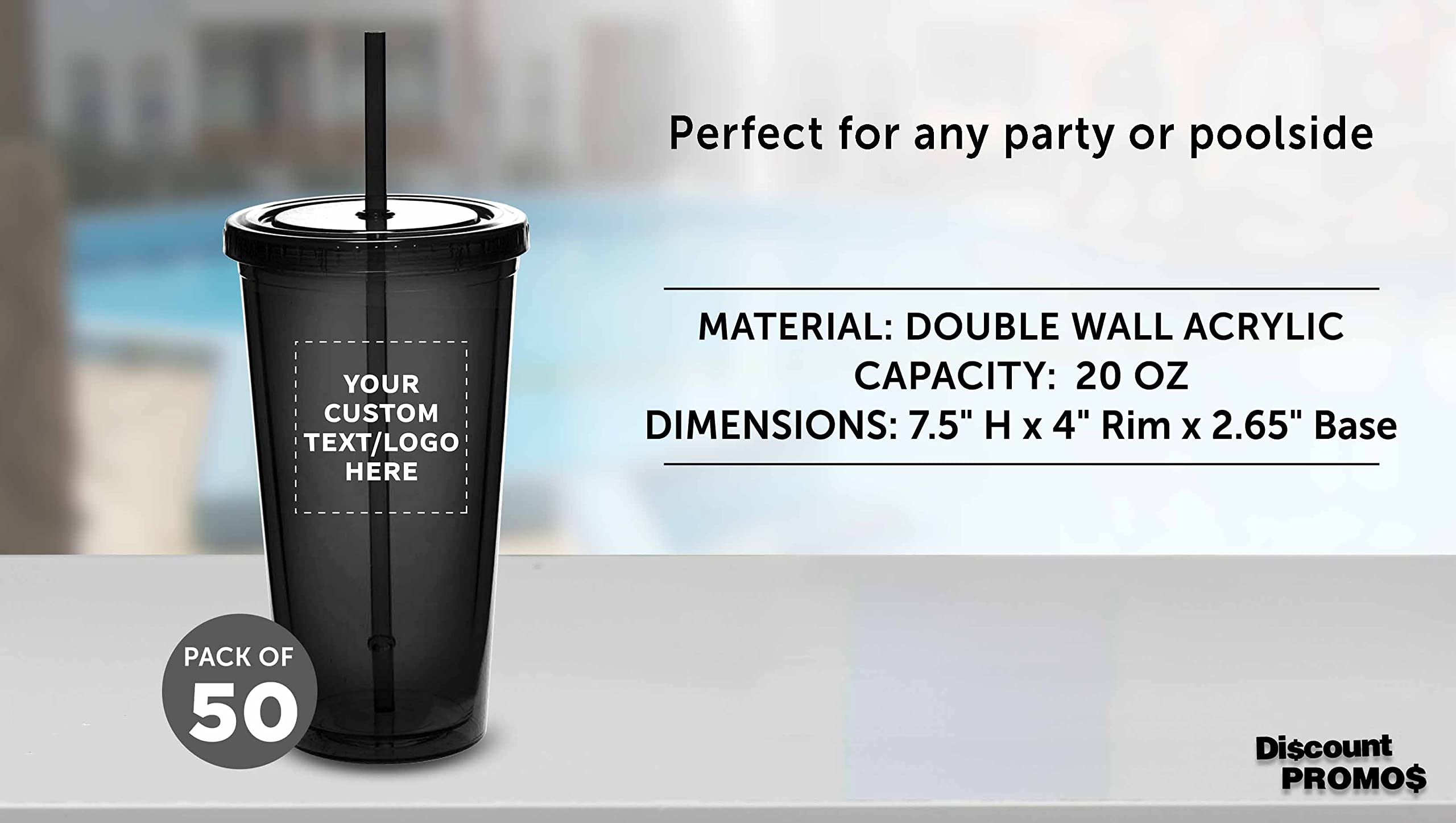 50-Pack Custom Double Wall Acrylic Tumblers 20oz - BPA Free Personalized Bulk Drinkware for Iced Coffee, Soda, Tea & Cold Beverages - Charcoal - Perfect for Restaurants, Cafes, Parties & Corporate Gifts