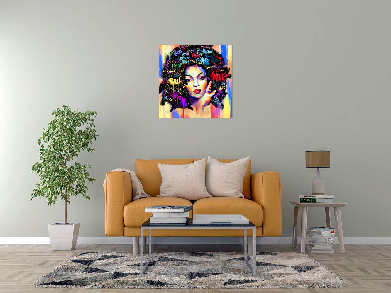 African American Wall Art - Black Girl Abstract Canvas Painting, Afro Woman Art Print Framed Ready to Hang for Living Room & Bedroom Decor