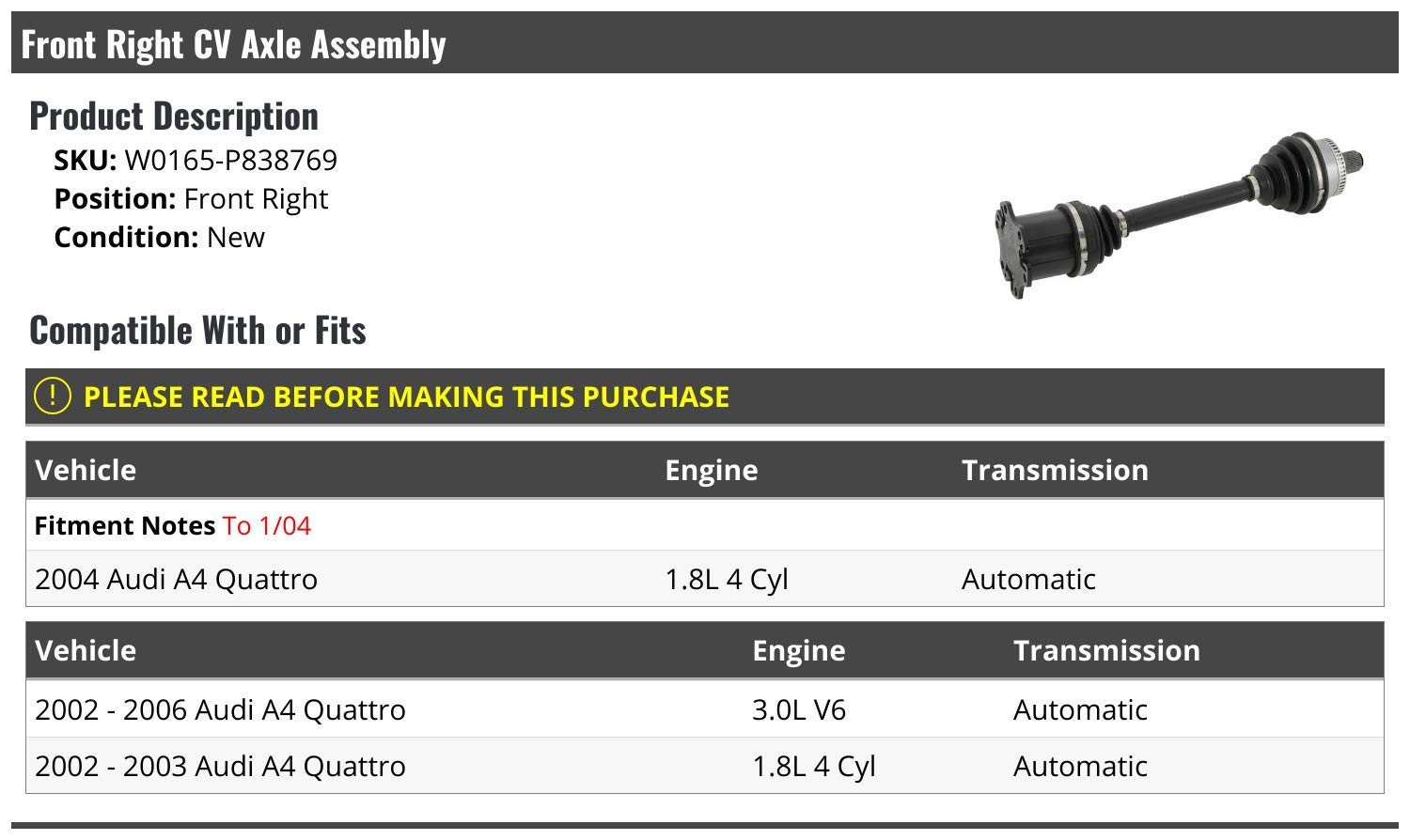 Front Right CV Axle Assembly for 2002-2006 Audi A4 Quattro (Up To 1/2004) | Durable Replacement Part for Smooth Drivetrain Performance | Perfect for Off-Roading, Daily Commuting & Winter Driving