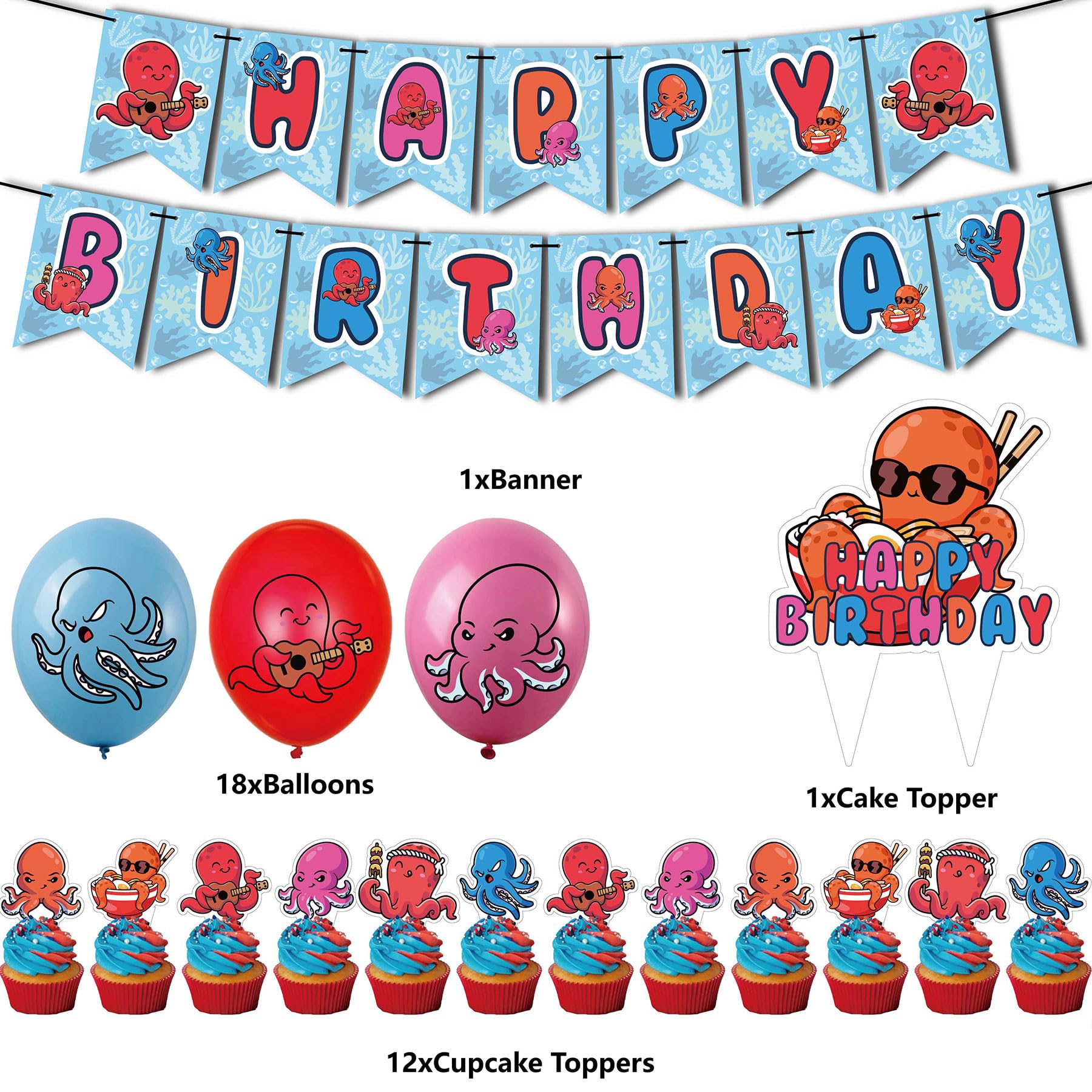 Cute Octopus Birthday Party Decorations Set - Includes Happy Birthday Banner, Balloons, Cake Topper & Cupcake Toppers for Kids' Underwater Themed Party | Perfect for Ocean Animal Cartoon Birthday Celebrations
