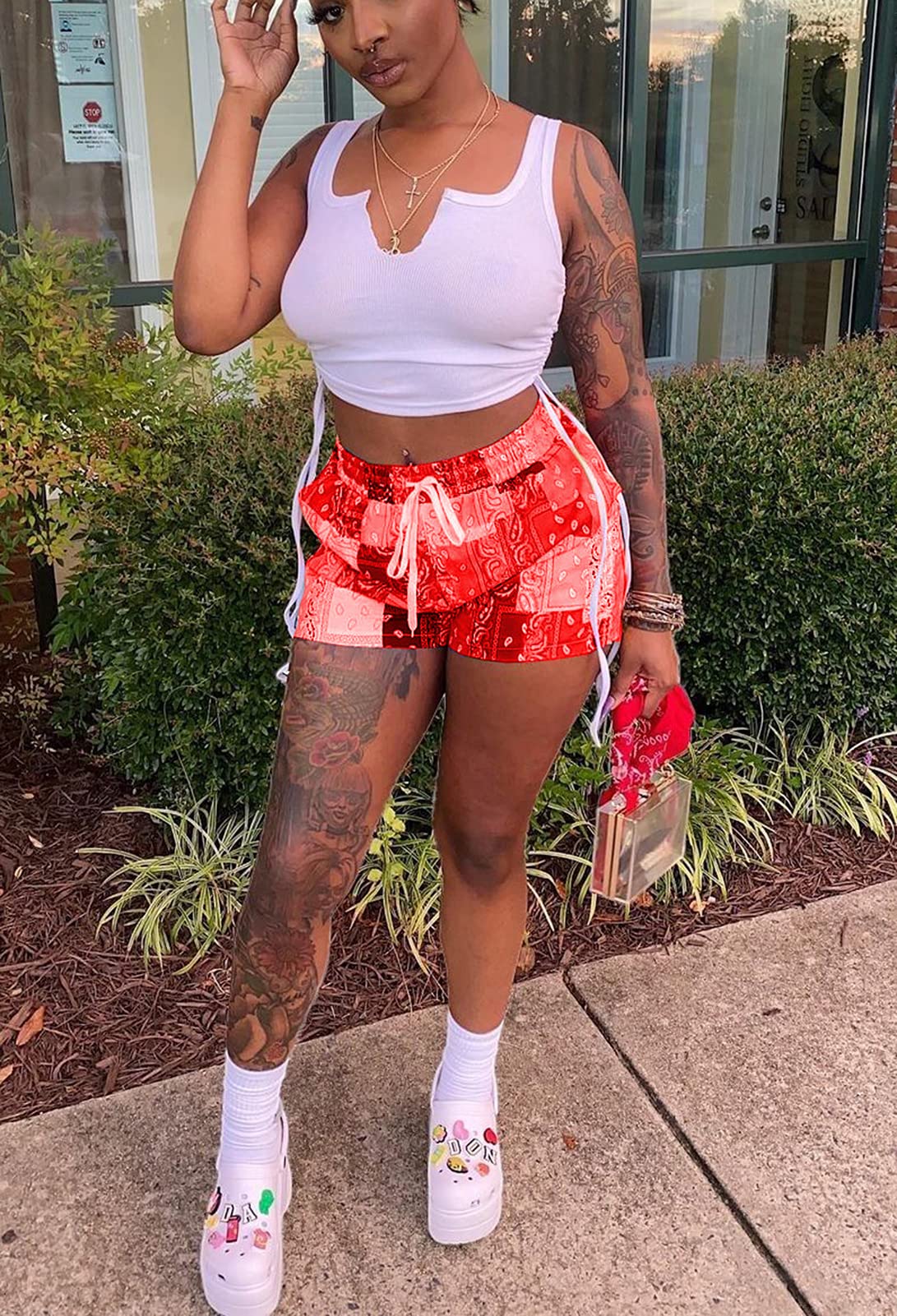 Acelyn Women's Sexy 2 Piece Short Sets - Summer Crop Top & Patchwork Shorts Outfit | Casual Beachwear, Lounge Wear & Vacation Outfits