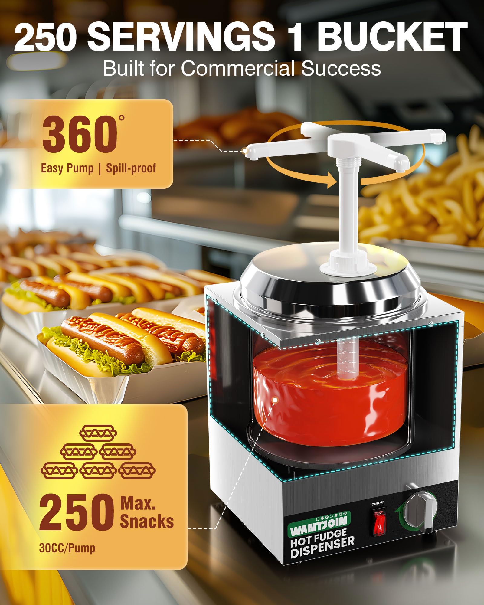 Commercial Nacho Cheese Dispenser with Pump - 2.8Qt Stainless Steel Hot Fudge Warmer with 5-Level Temperature Control - Perfect for Nachos, Hot Fudge, Caramel & Cheese Sauce in Movie Theaters, Restaurants & Concession Stands