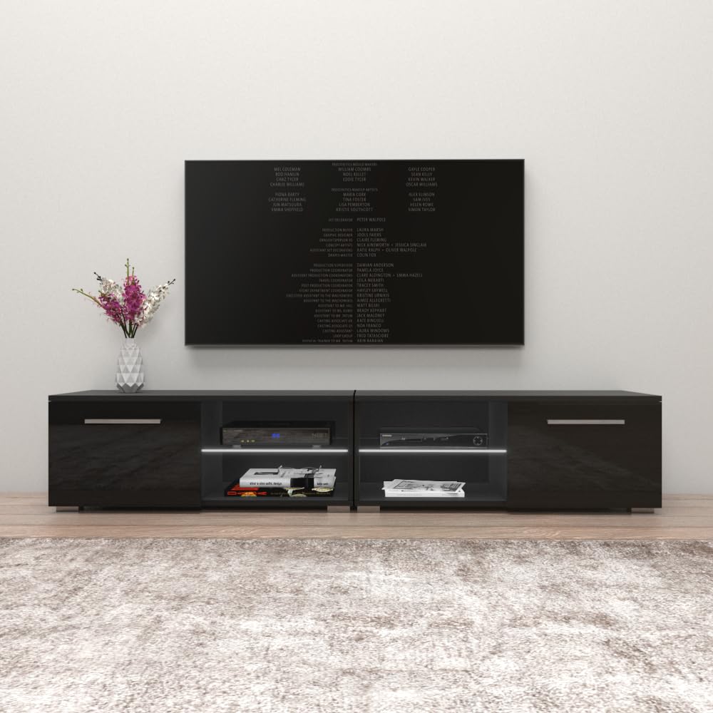 Modern High Gloss TV Stand with Storage Cabinets & LED Lights - 81