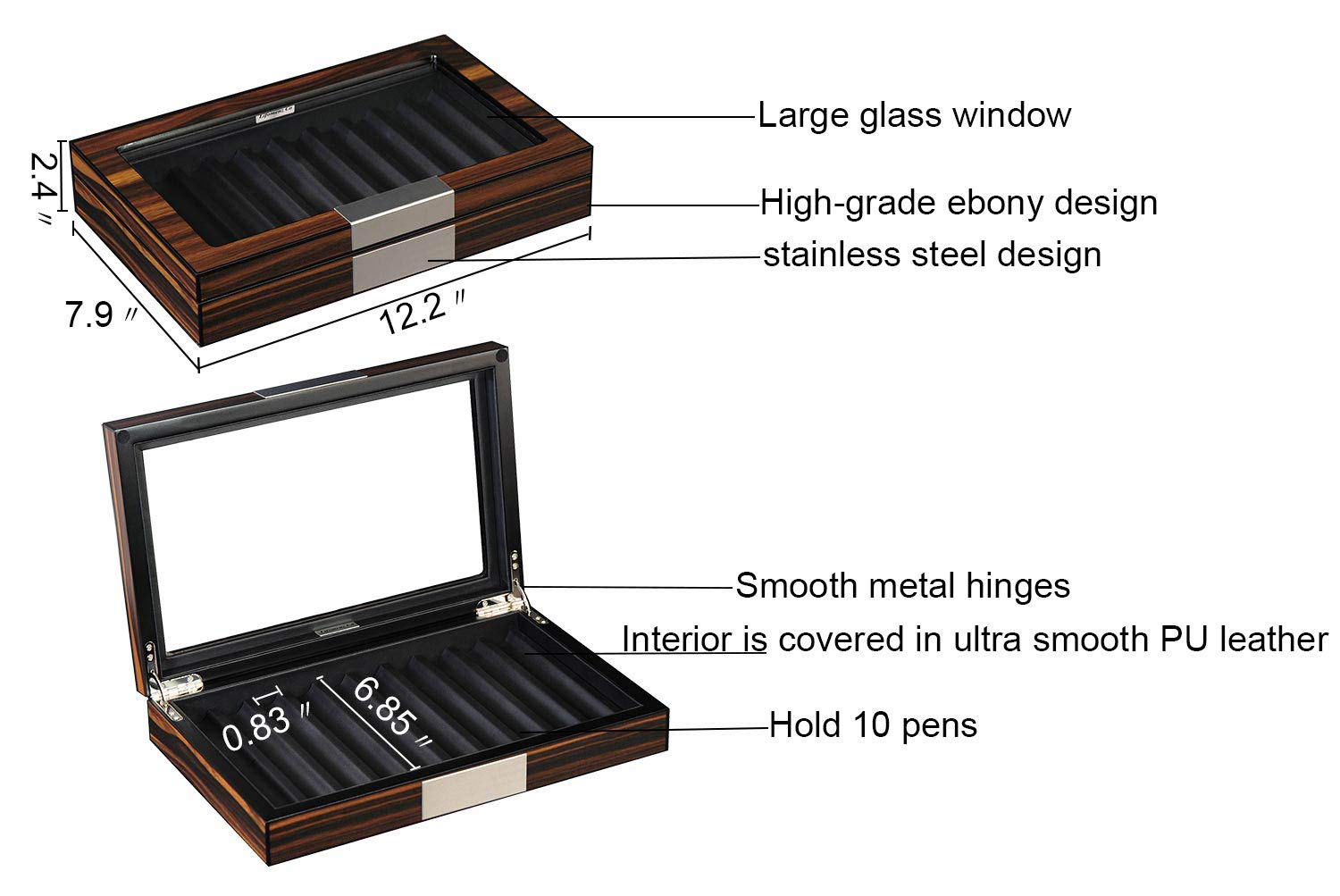 Premium Wooden Pen Display Case with Glass Top - 10 Slot Pen Organizer Box with Lid - Perfect for Fountain Pen Collectors & Calligraphy Enthusiasts - Ideal for Office Desk, Gift Presentation & Pen Collection Display