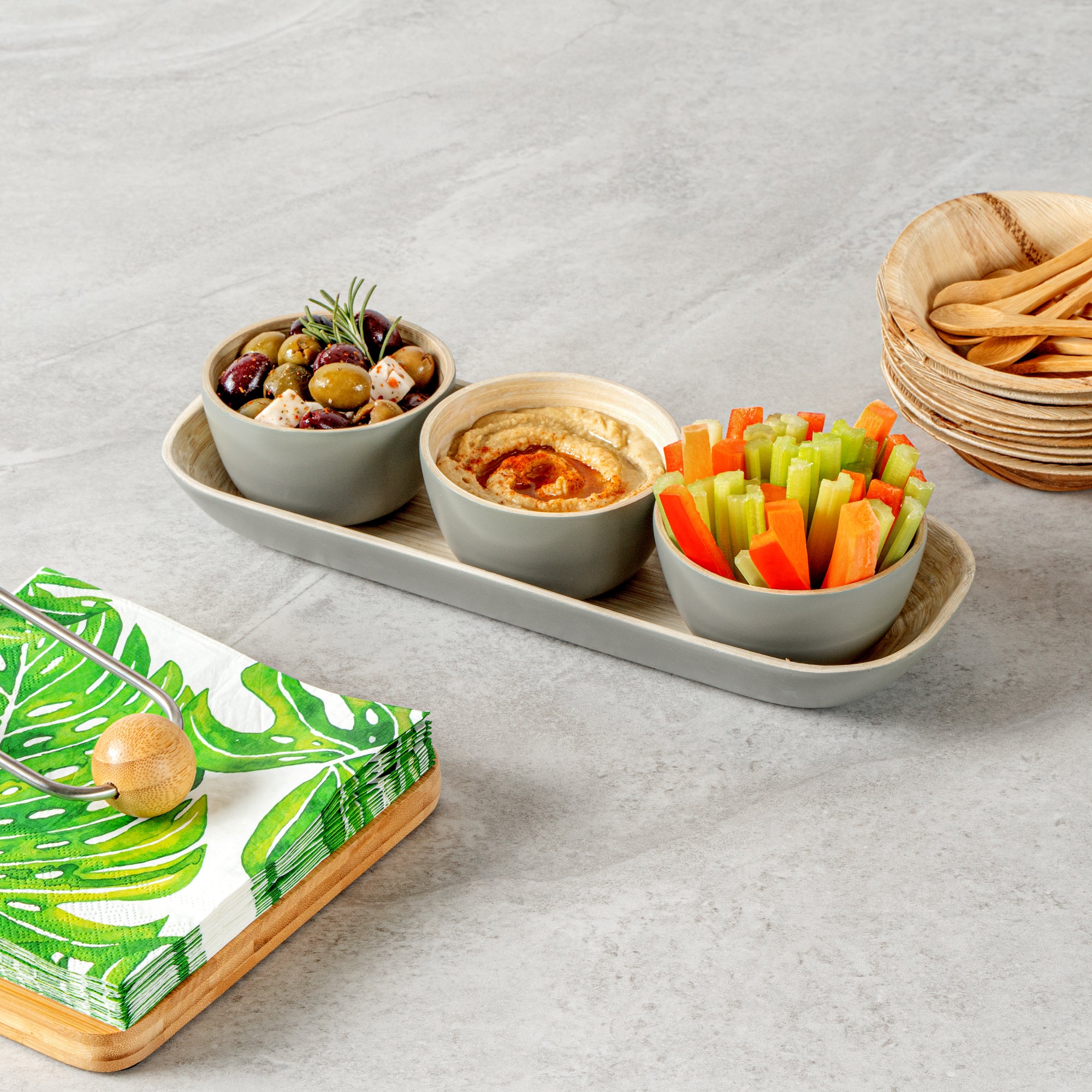 Eco-Friendly Bamboo Bowl Set with Tray - 3 Gray Bamboo Bowls (11.75