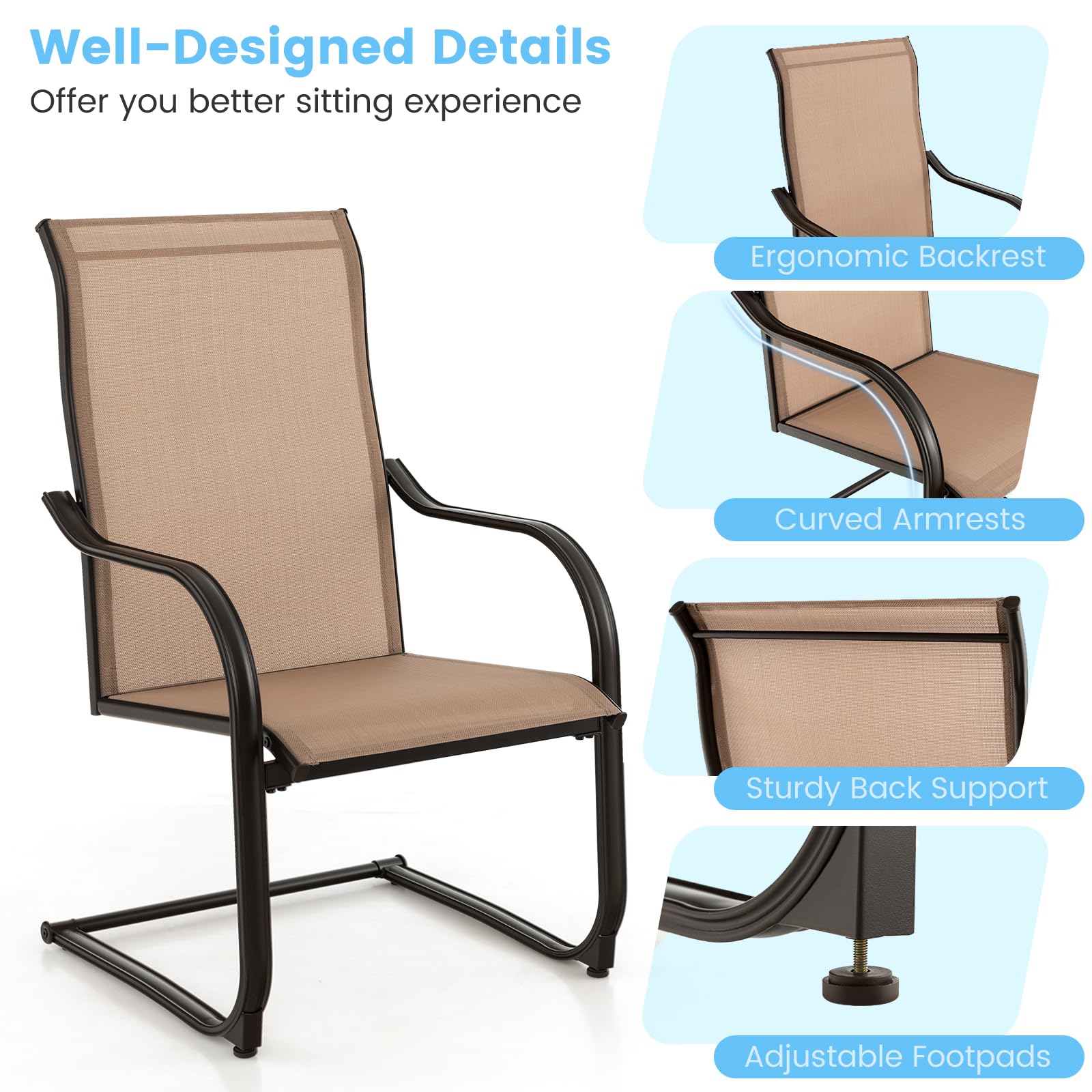 Tangkula 2-Piece Outdoor Dining Chairs Set - Patio C-Spring Motion Chairs with Breathable Fabric & Heavy-Duty Metal Frame - Comfortable High Back Chairs for Backyard, Porch, Poolside, Garden (Brown) - Perfect for Relaxing, Entertaining & Outdoor Dining