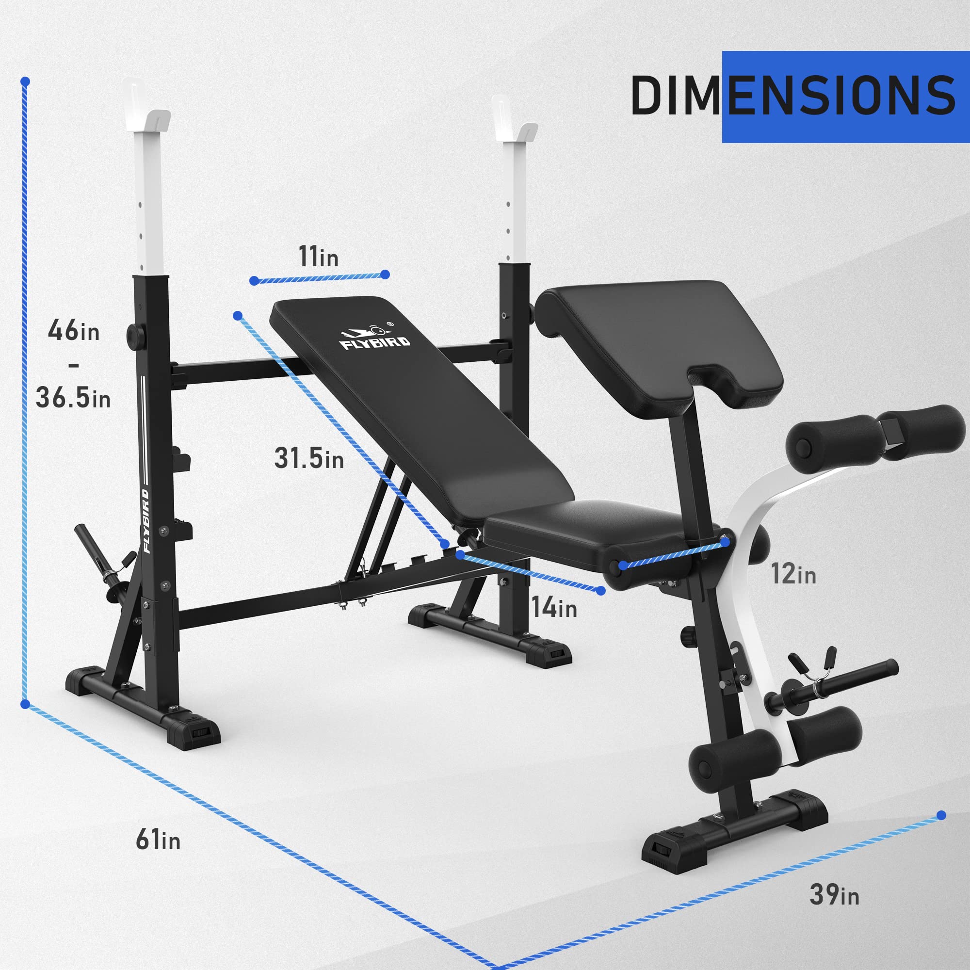 FLYBIRD Adjustable Weight Bench for Home Gym - Strength Training Bench Press Set with Preacher Curl Pad & Leg Developer - Perfect for Full Body Workouts, Strength Building & Home Fitness Training