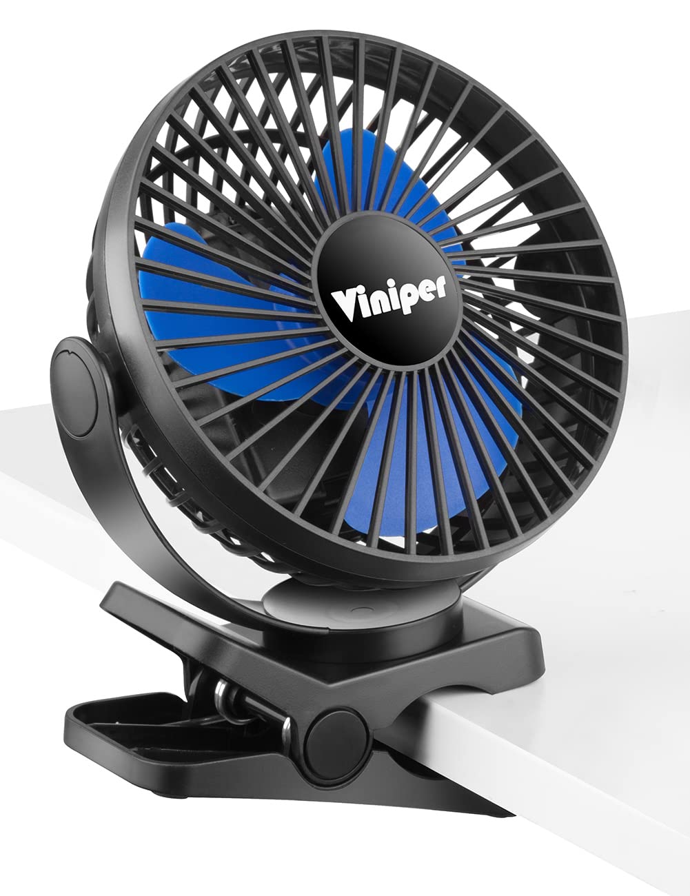 Viniper 6 Inch Rechargeable Clip on Fan with 5000mAh Battery - 360° Rotation, 3 Speed Adjustable Desk Fan, Portable & Powerful Cooling for Home, Office, Dorm, Camping (Black/Blue) - Lasts 8-30 Hours, Ultra Quiet Operation