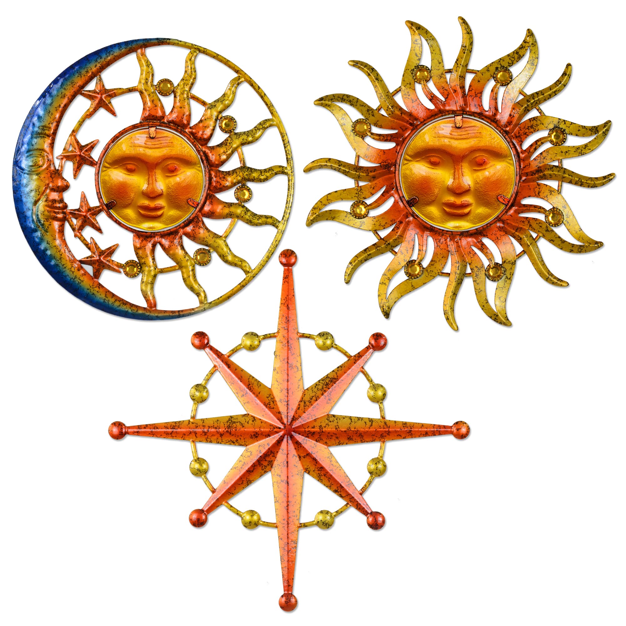 BVLFOOK Sun Moon Star Metal Wall Art Set of 3 - Handcrafted Glass Sun Face Decor for Indoor & Outdoor - Farmhouse Wall Decor for Patio, Garden, Balcony, Porch, Yard, Bedroom & Living Room - Perfect for Boho, Rustic & Coastal Home Decor Styles