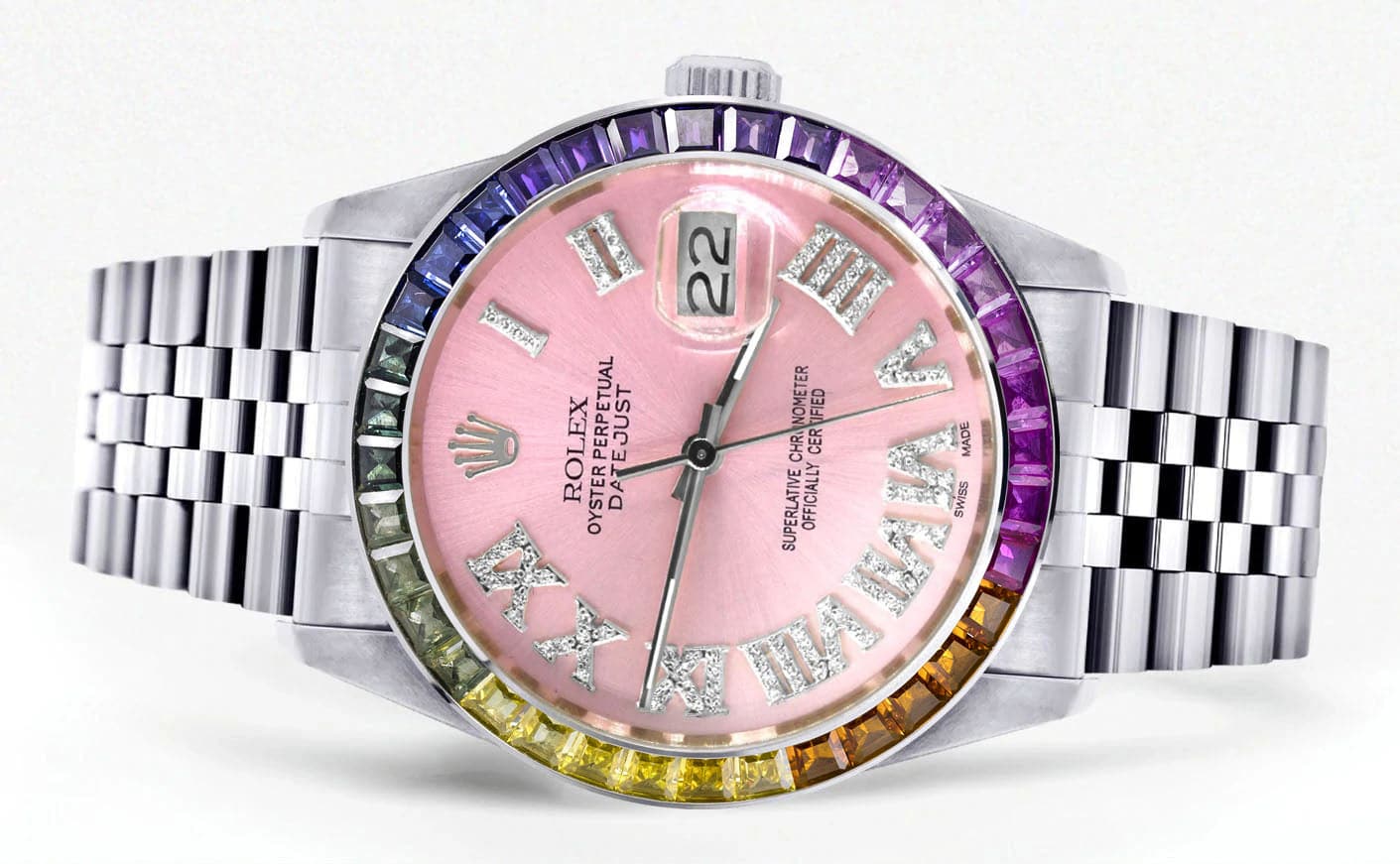 Luxury Diamond Gold Rolex Watch For Men 16200 | 36mm Stainless Steel | Rainbow Sapphire Bezel | Pink Roman Numeral Dial | Jubilee Bracelet | Perfect for Gifts, Weddings & Special Occasions