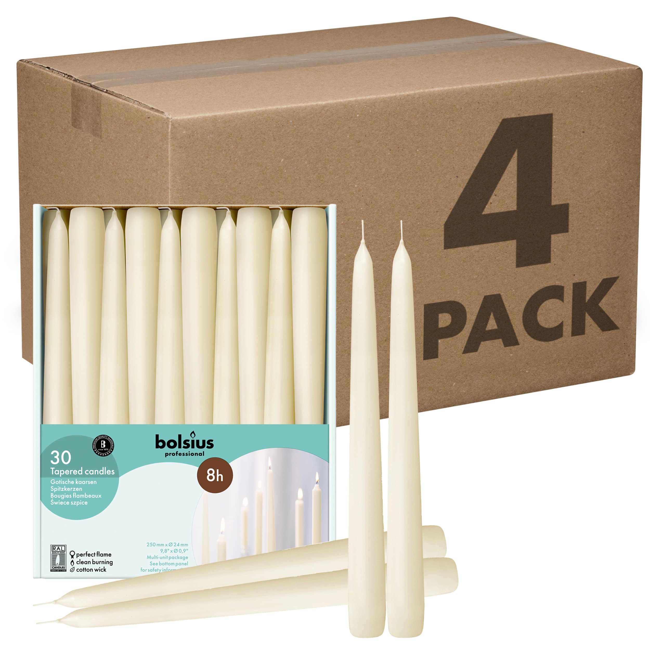 BOLSIUS Ivory Taper Candles Bulk Pack - 120 Unscented Dripless Candlesticks (4 Packs) | Premium European Quality, 8-Hour Burn Time, Smokeless Flame | Perfect for Weddings, Dinner Parties & Home Decor