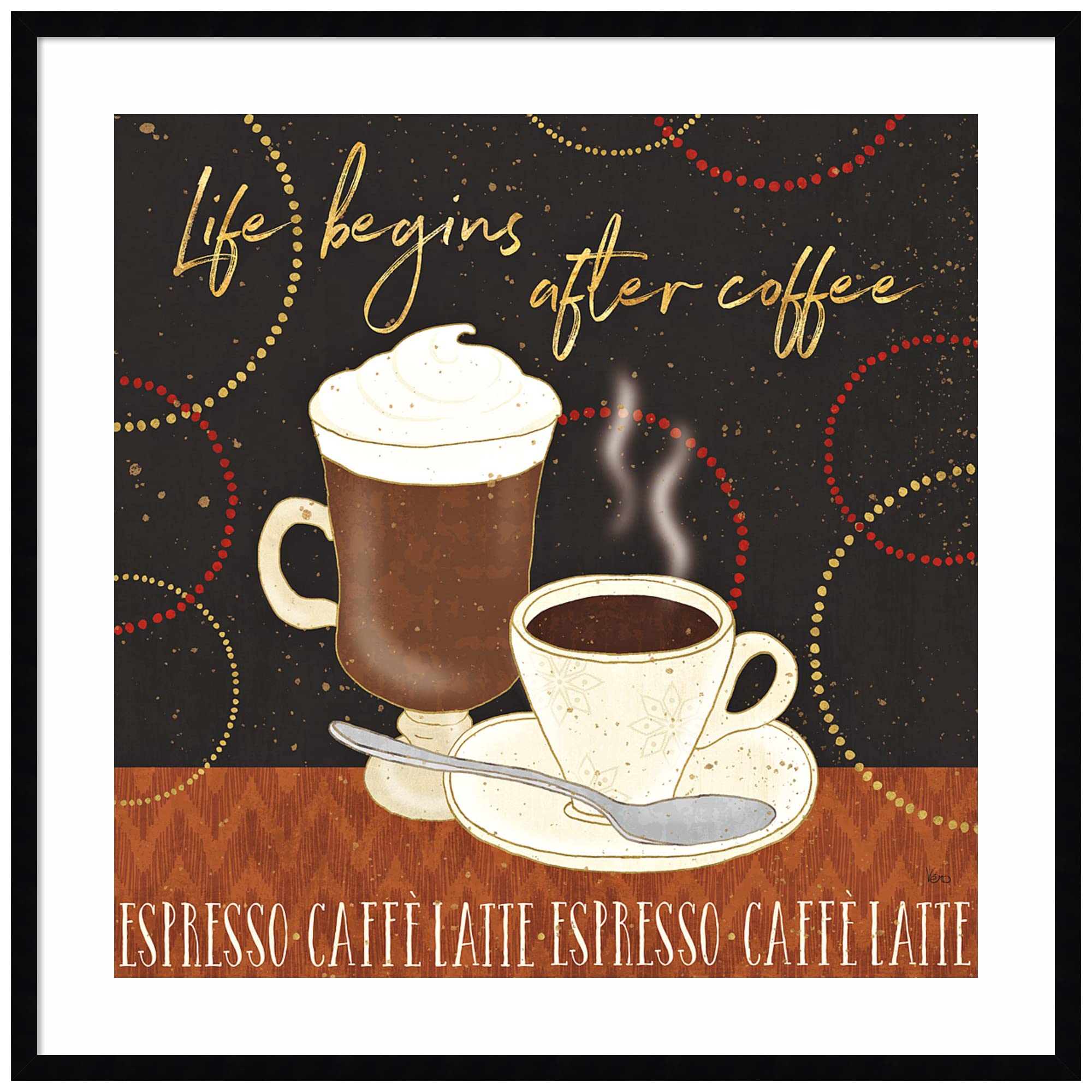 Amanti Art Wood Framed Wall Art Print - Fresh Coffee II by Veronique Charron, 33x33 Inches, Svelte Noir Black Frame - Large Coffee Theme Painting for Kitchen, Dining Room or Cafe Decor