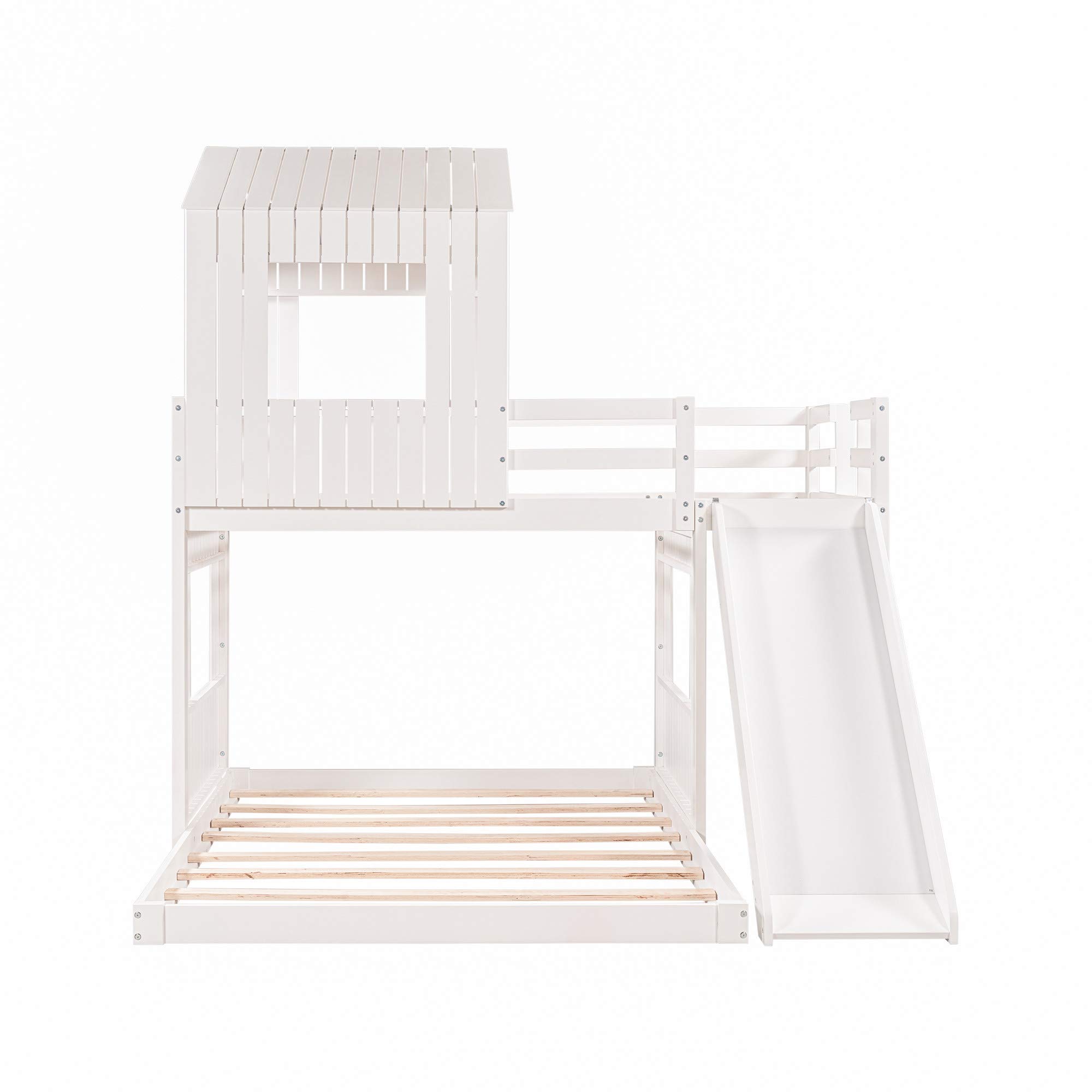Twin Over Full Bunk Bed with Playhouse - Solid Wood Farmhouse Style Kids Bunk Bed with Ladder & Safety Guardrails for Boys & Girls - Perfect for Shared Bedrooms, Kids Rooms & Small Spaces