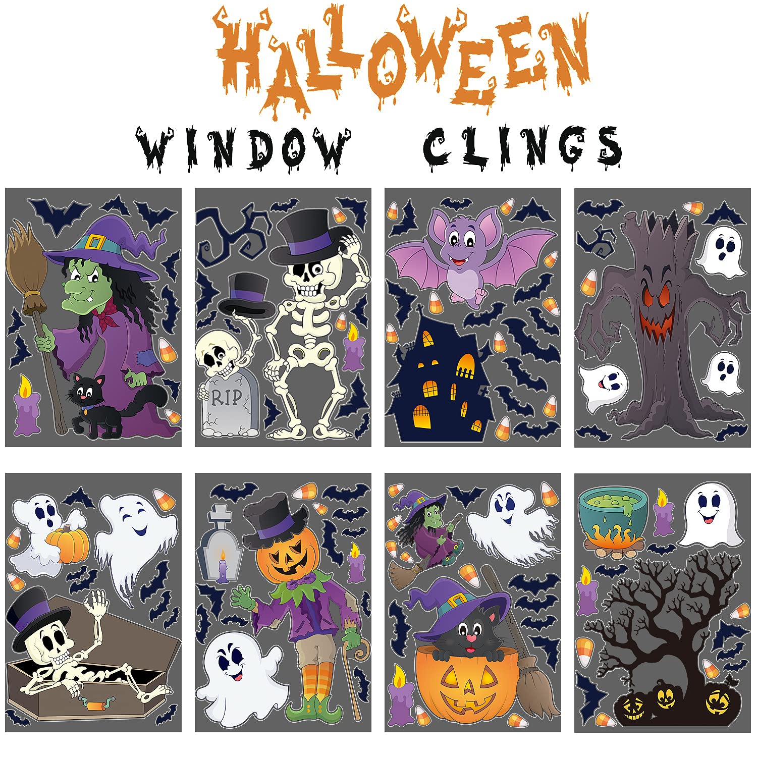 STEFORD Halloween Window Clings - 110+ Pieces Double-Sided Vinyl Window Stickers for Halloween Party Decorations | Spooky Window Decals for Home, Office & Classroom Decor