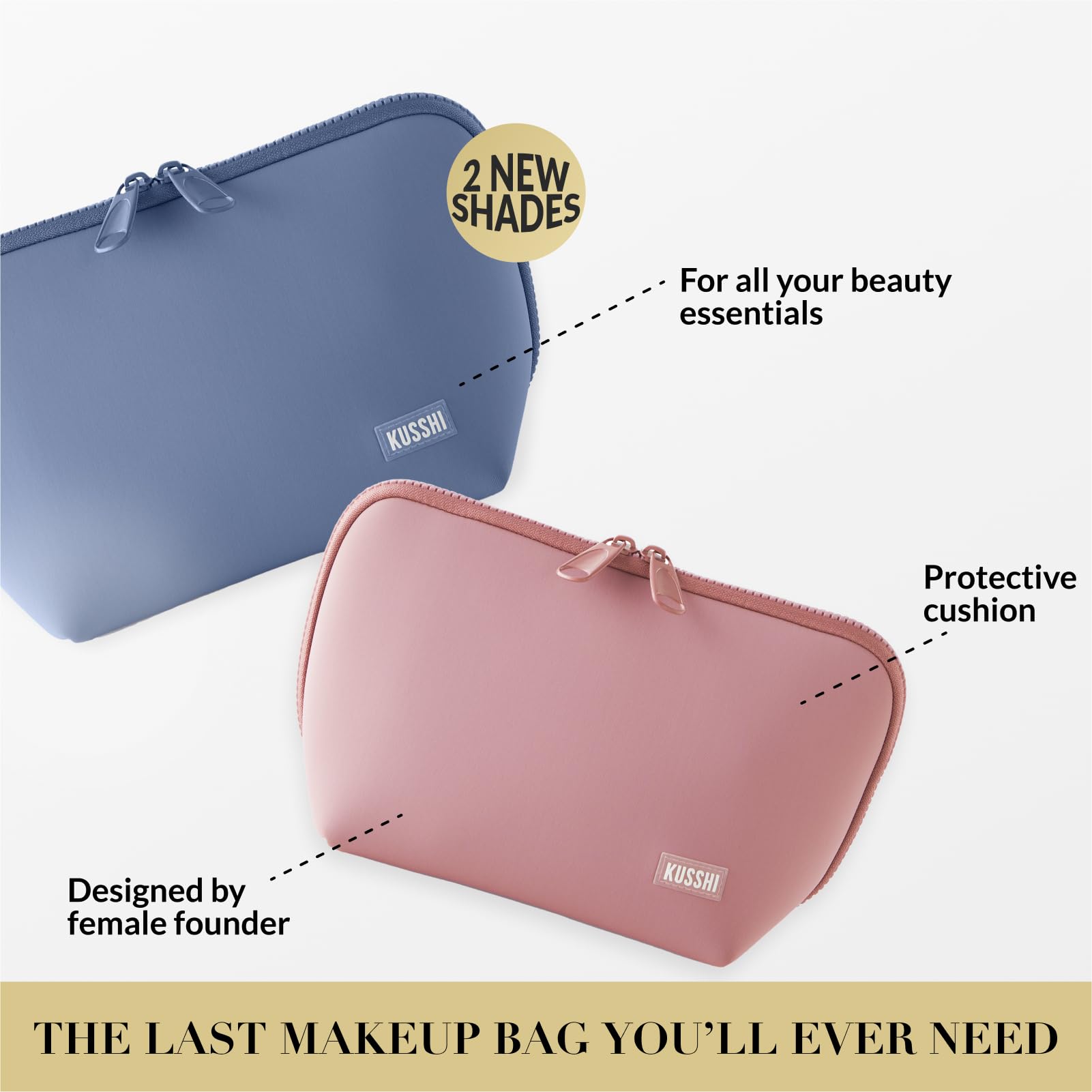 KUSSHI Waterproof Neoprene Makeup Bag for Travel - Reusable & Washable Cosmetic Organizer (Pearl Blue/Sand Pink) | Perfect for Vacation, Gym & Daily Essentials Storage