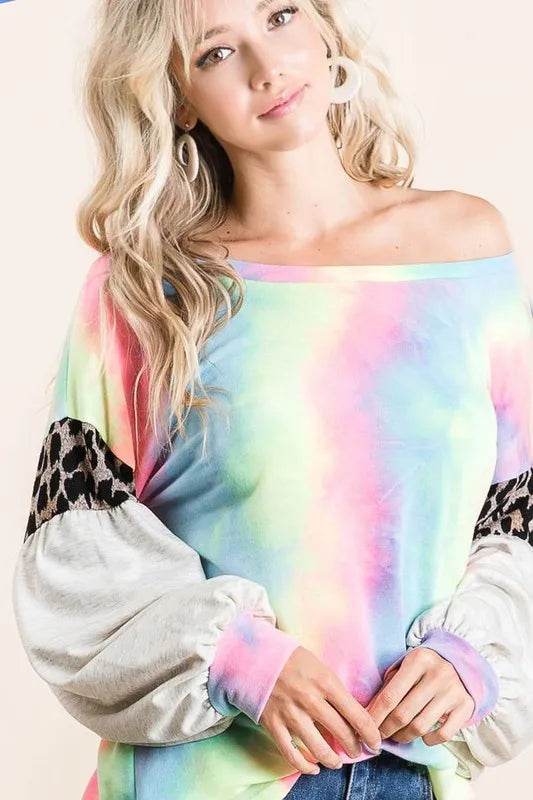 Bibi Tie Dye Terry Top with Contrast Puff Sleeves in Pastel Colors | Women's Fashion Tunic | Casual Wear & Summer Outfits