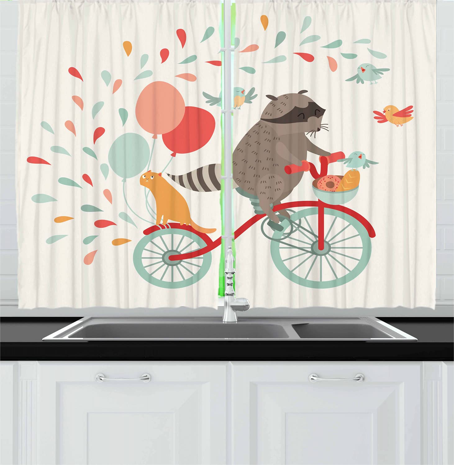 Ambesonne Animal Themed Kitchen Curtains - Raccoon Riding Bicycle with Cat Friend & Balloons Birthday Journey Design, 2-Panel Window Drapes for Kitchen & Cafe Decor, 55 x 39 Inches, Multicolor - Perfect for Birthday Parties, Animal Lovers & Whimsical Home Decor