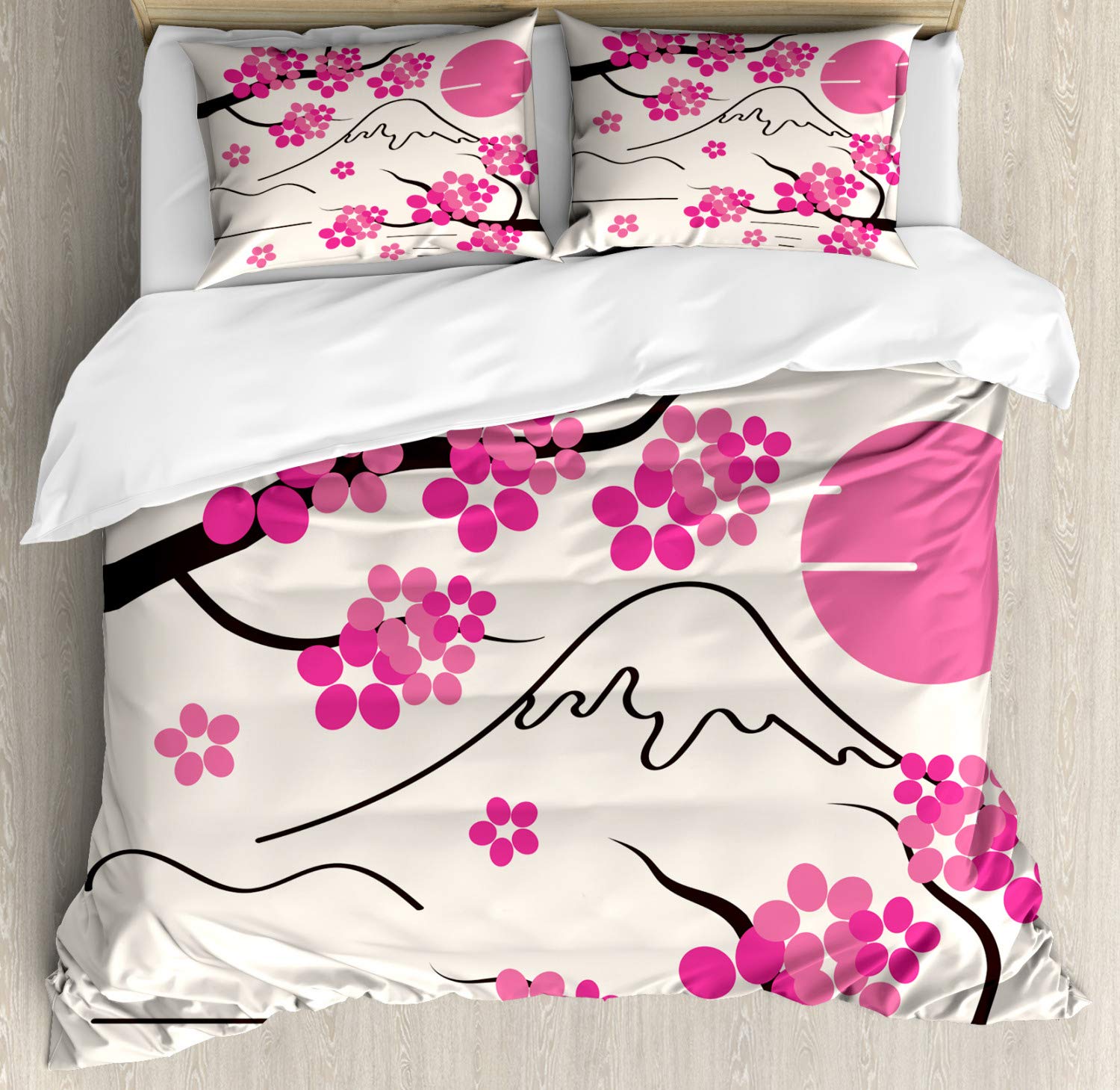 Ambesonne Pink Floral Duvet Cover Set - Japanese Cherry Blossom & Mount Fuji Design, 3-Piece Queen Size Bedding with 2 Pillow Shams, Off White & Pink Abstract Art | Perfect for Spring Bedroom Decor, Asian-Inspired Home Styling, and Cozy Bedroom Makeovers
