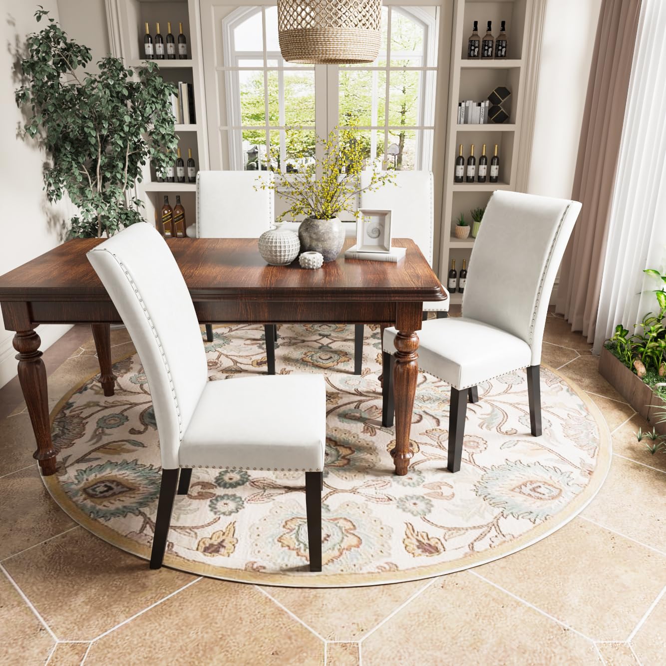 LEEMTORIG Set of 2 Faux Leather Upholstered Parsons Dining Chairs with Nail-Head Trim - Ivory White CY-1122-WT - Modern Kitchen, Dining Room, Living Room, Bedroom & Outdoor Lounge Seating for Home & Cafe
